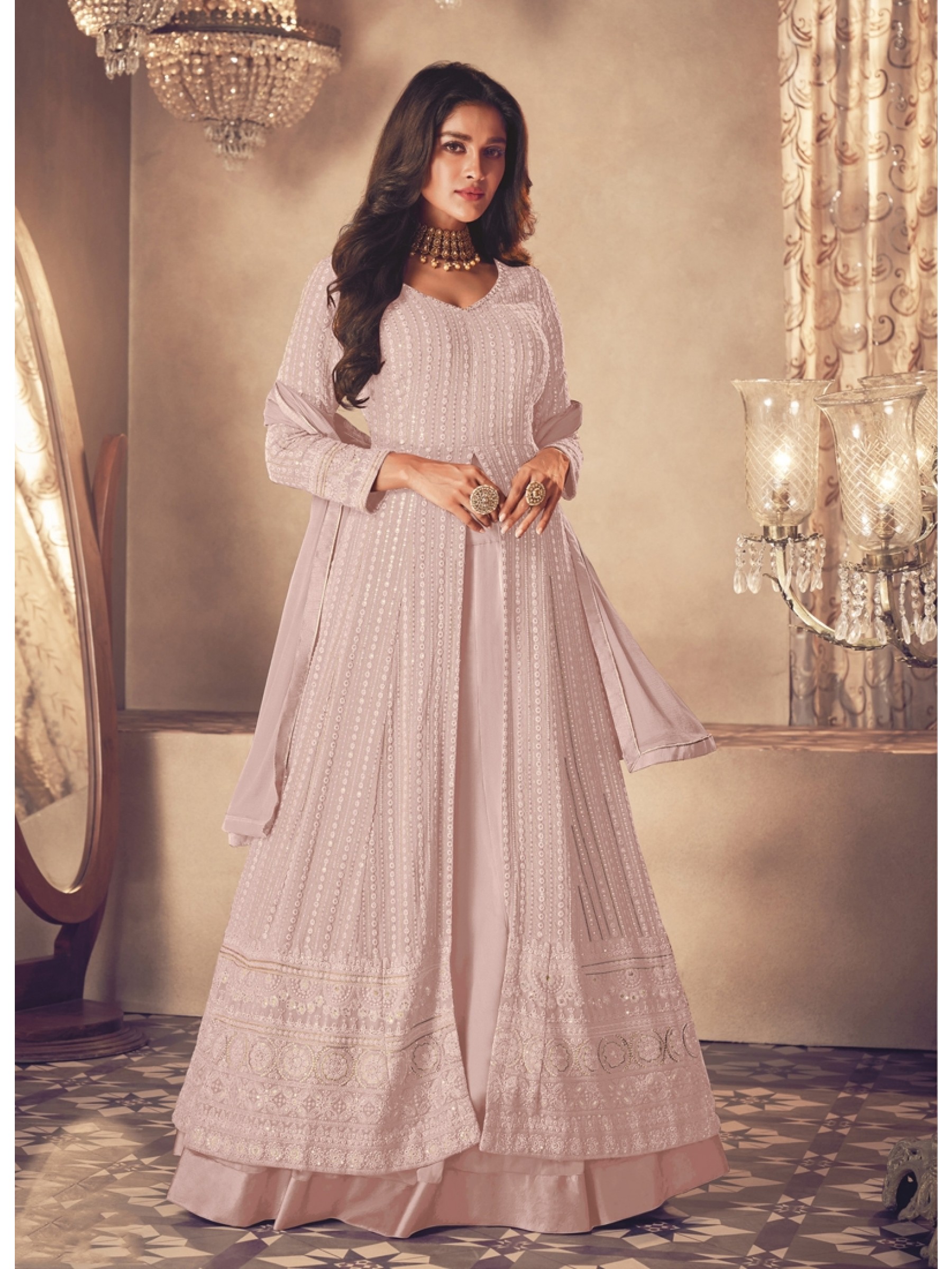 Georgette Silk Party Wear Sharara In Pink With Embroidery Work 