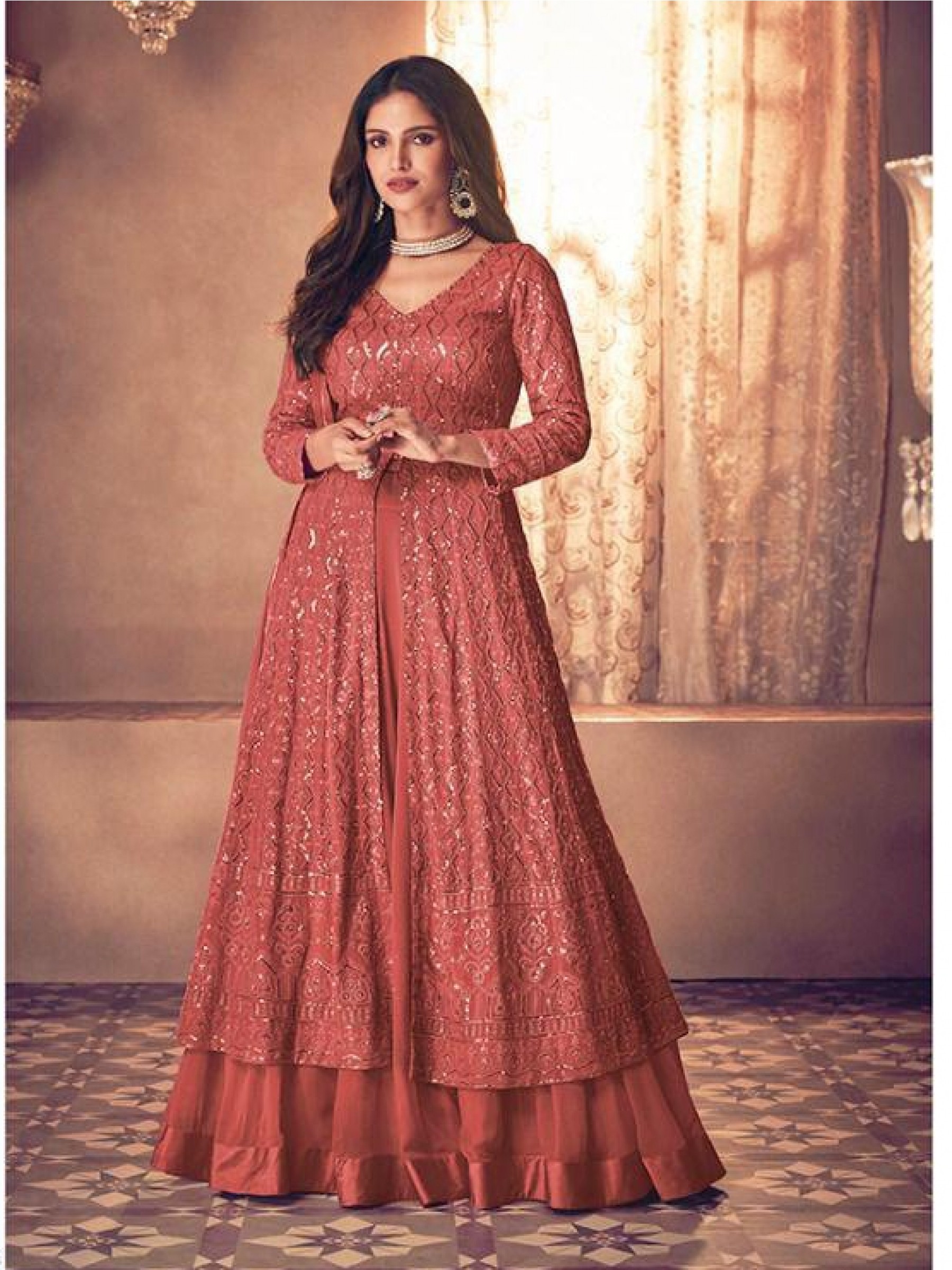 Pure Georgette Fabrics Party Wear Readymade Gown In Orange Color With Embroidery Work