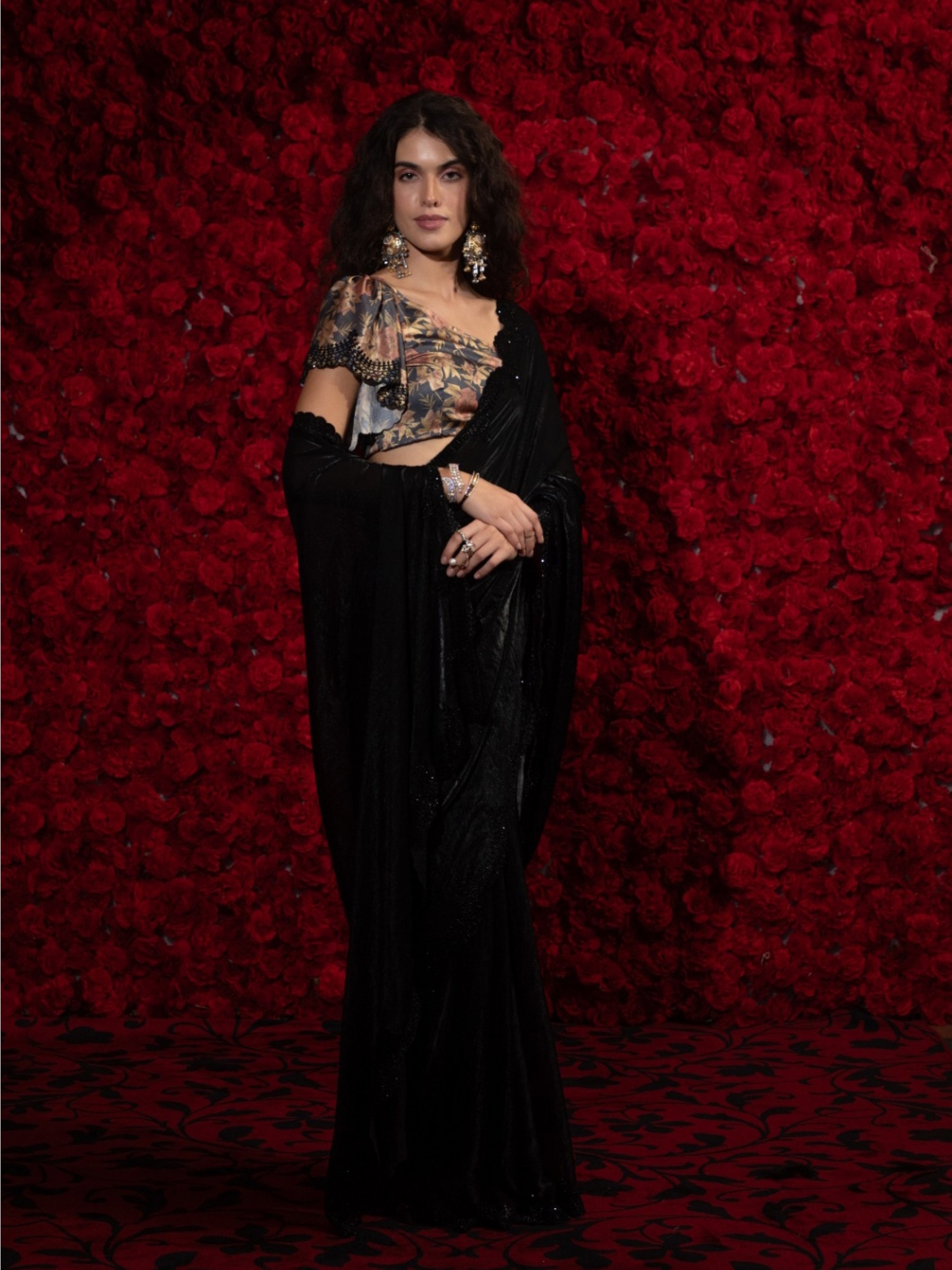 Satin Chiffon Party wear Saree In Black Color with Swaroskvi Work 
