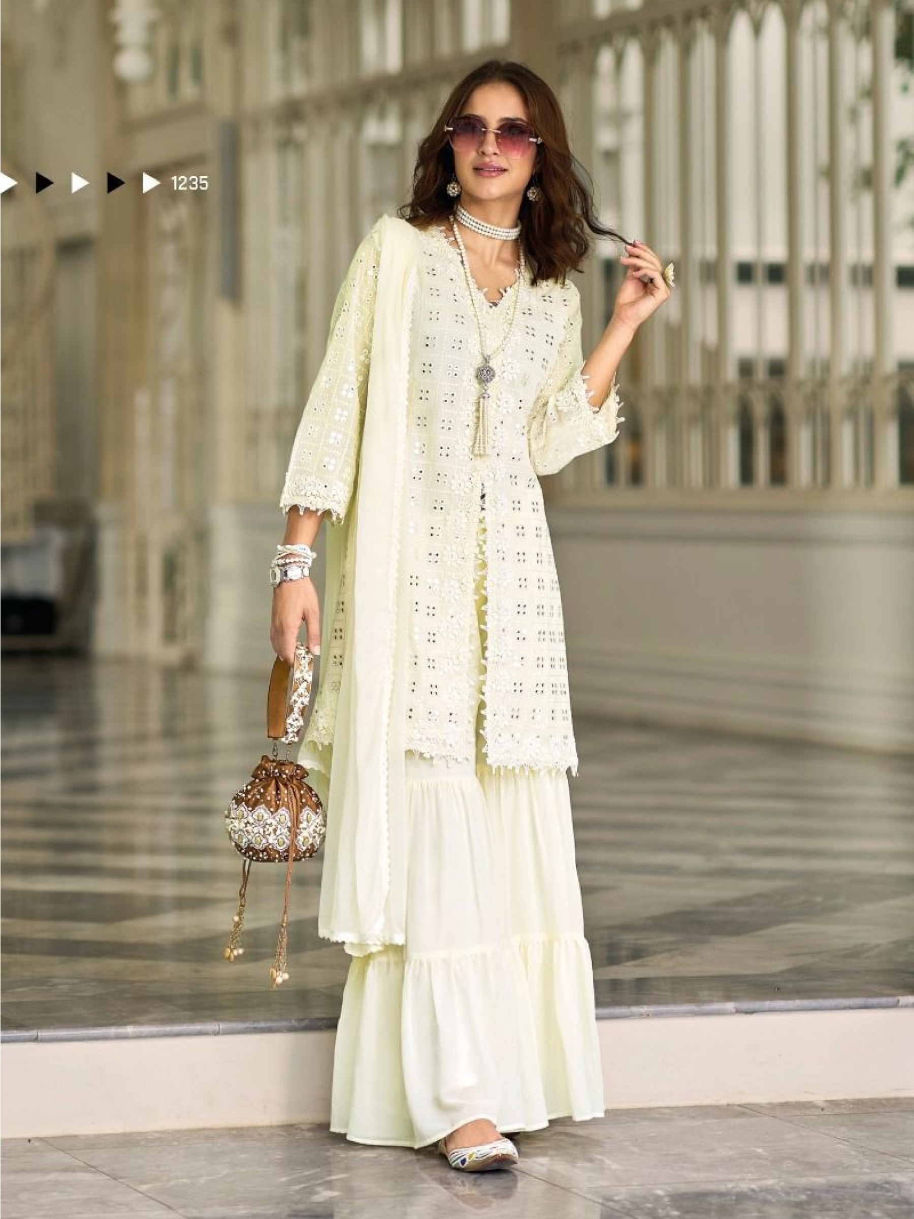 Pure Geogratte  Fabrics Party Wear Sharara In White Color With Embroidery Work