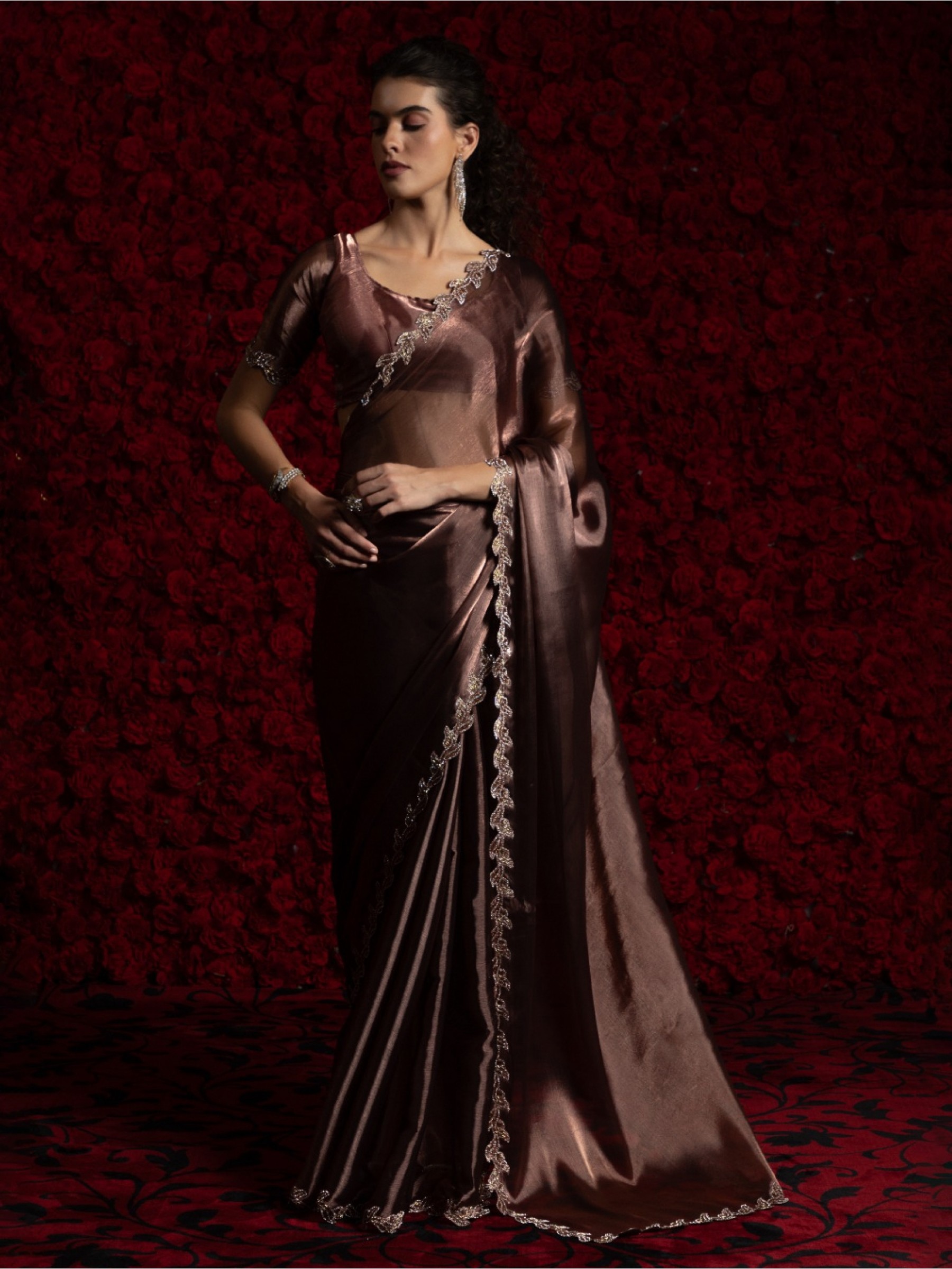 Tissue Chiffon Party wear Saree In Brown Color with Swaroskvi Work 