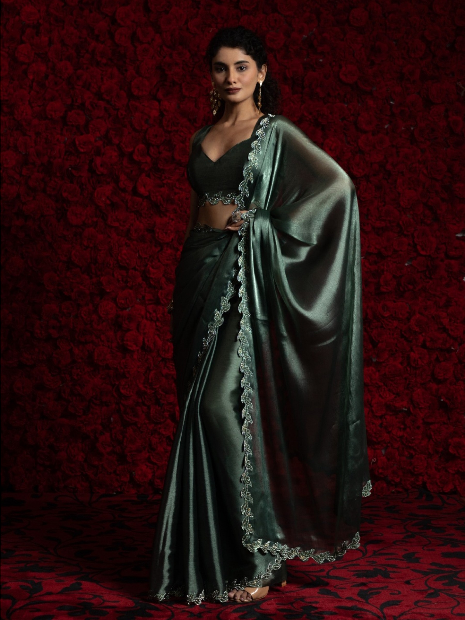 Tissue Chiffon Party wear Saree In Teal Green Color with Swaroskvi Work 