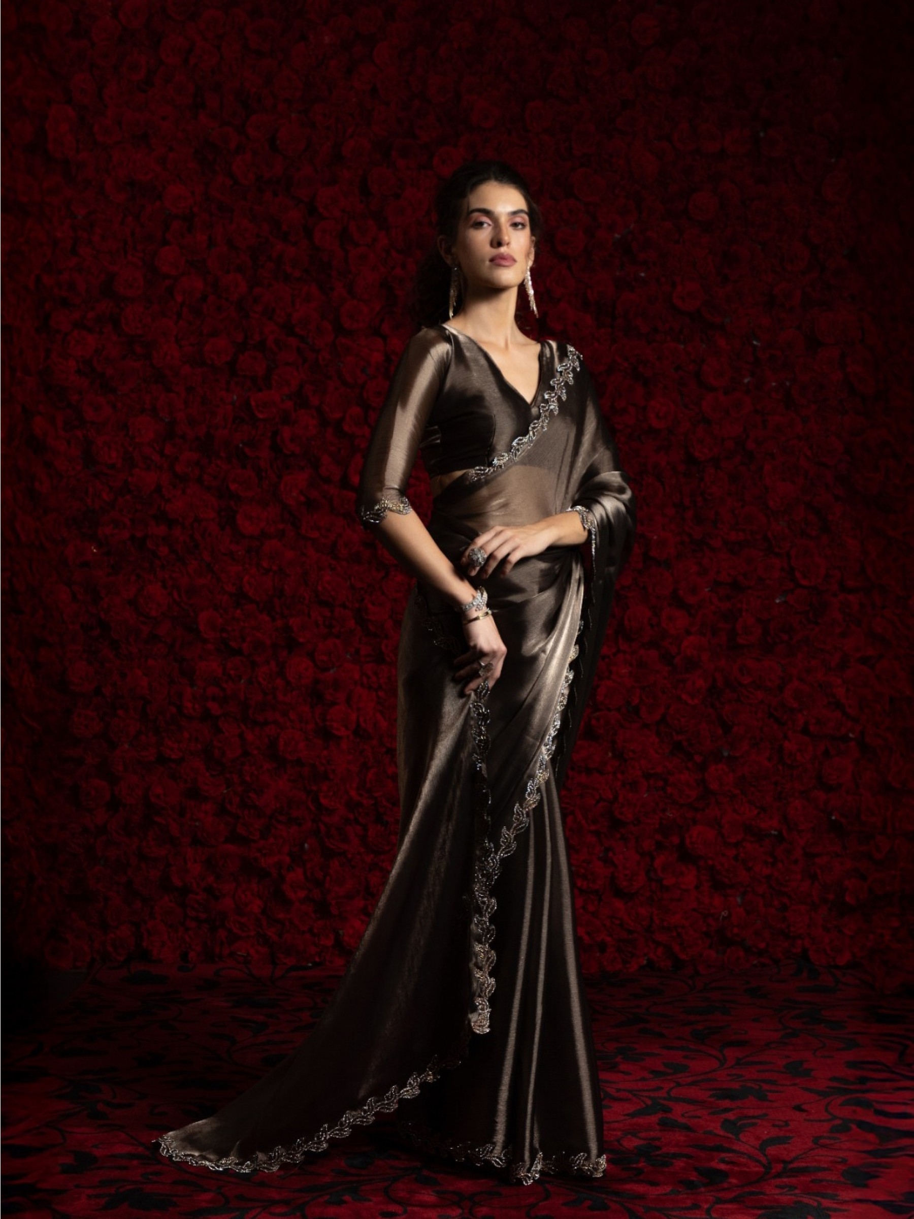 Tissue Chiffon Party wear Saree In Dark Grey Color with Swaroskvi Work 