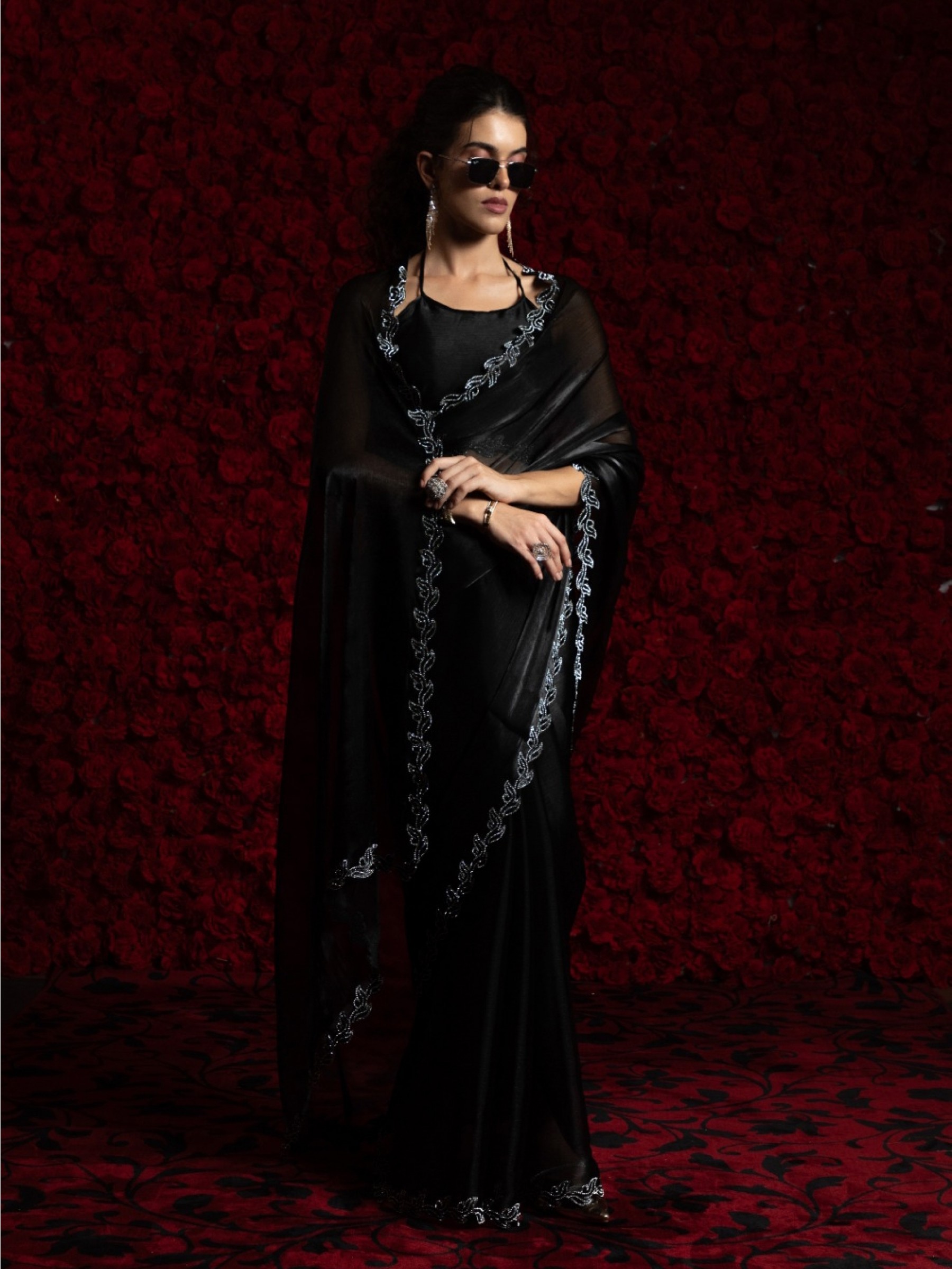 Tissue Chiffon Party wear Saree In Black Color with Swaroskvi Work 