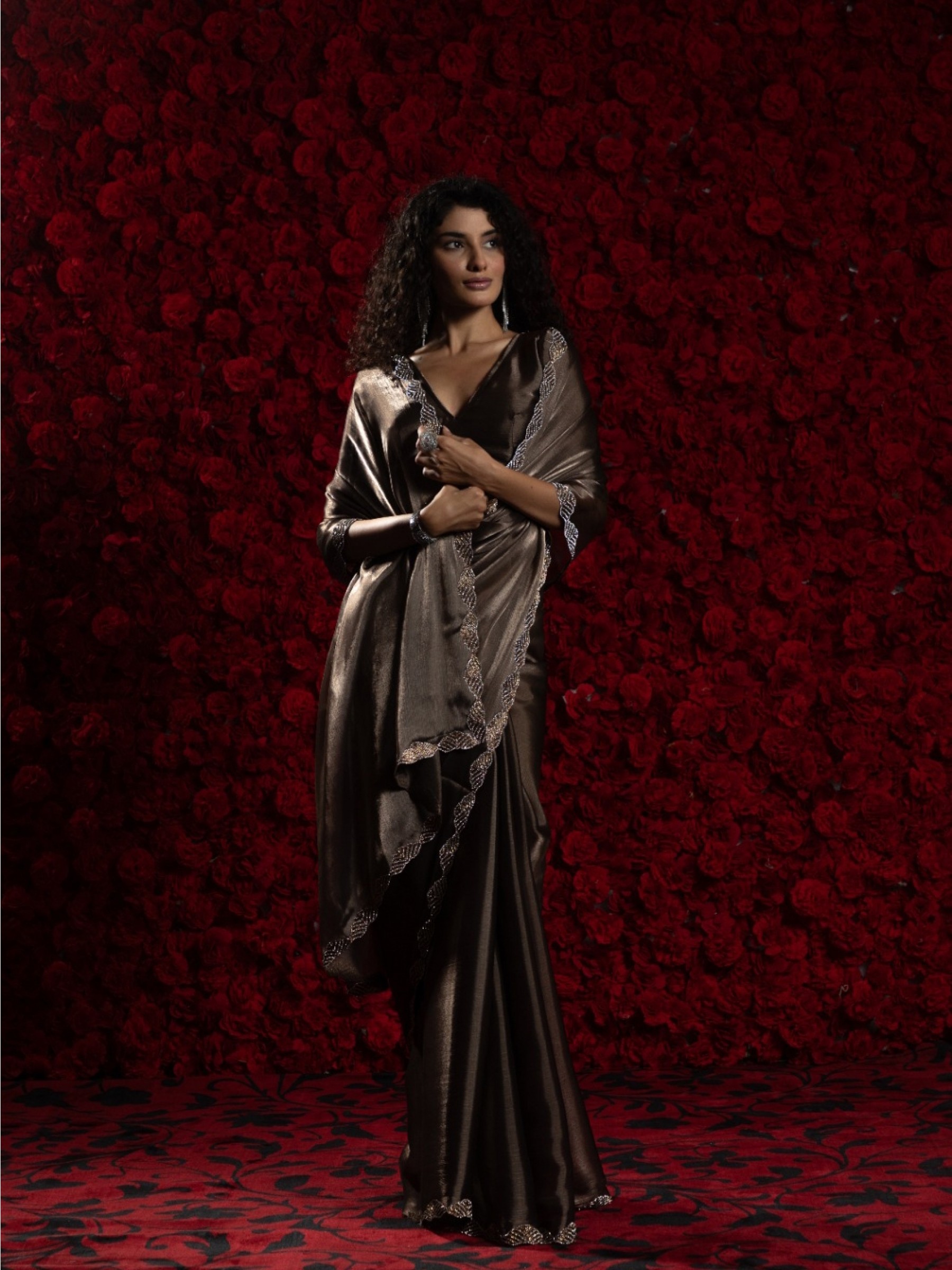 Tissue Chiffon Party wear Saree In Black Grey Color with Swaroskvi Work 