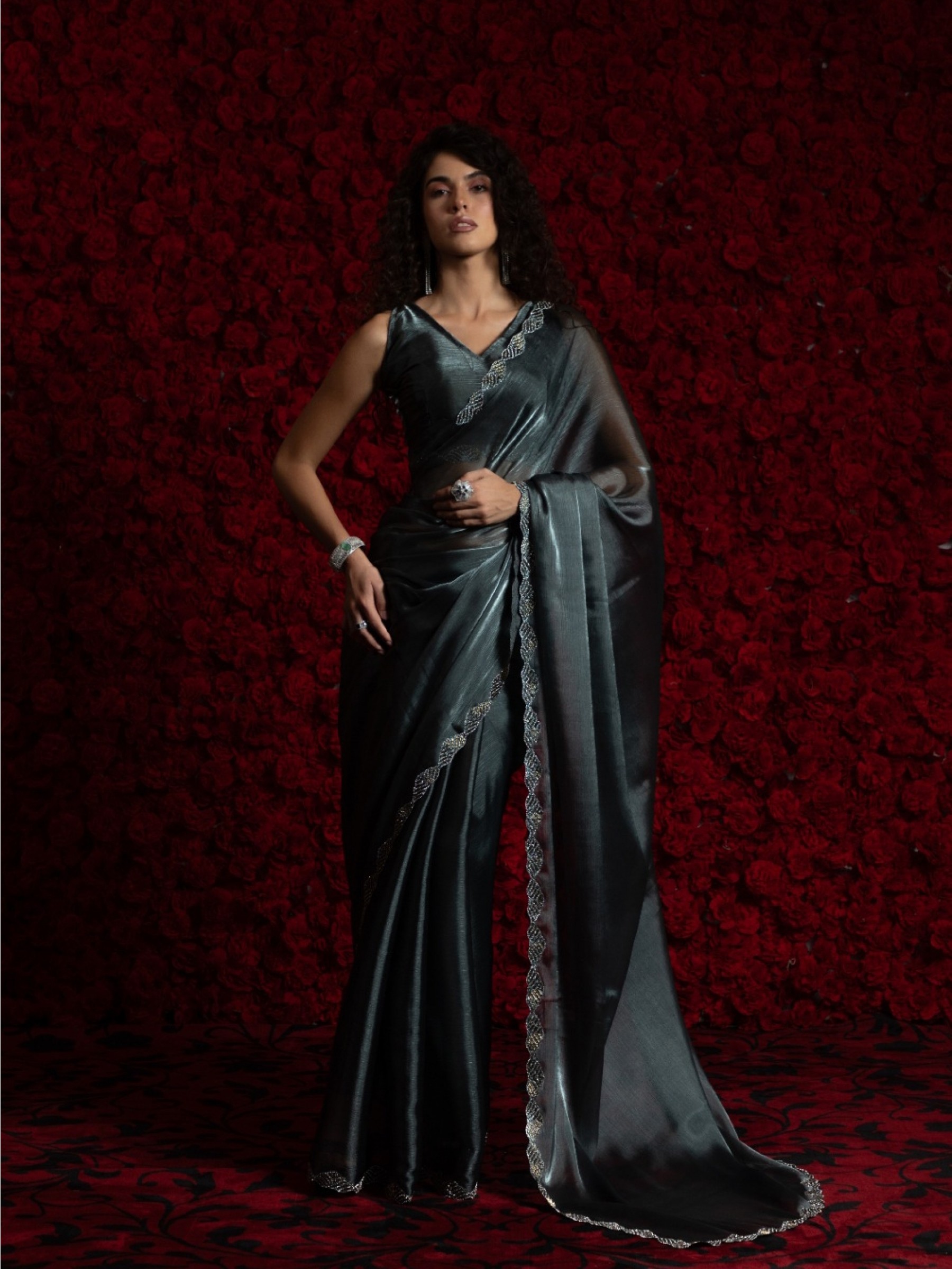 Tissue Chiffon Party wear Saree In Blue Grey Color with Swaroskvi Work 