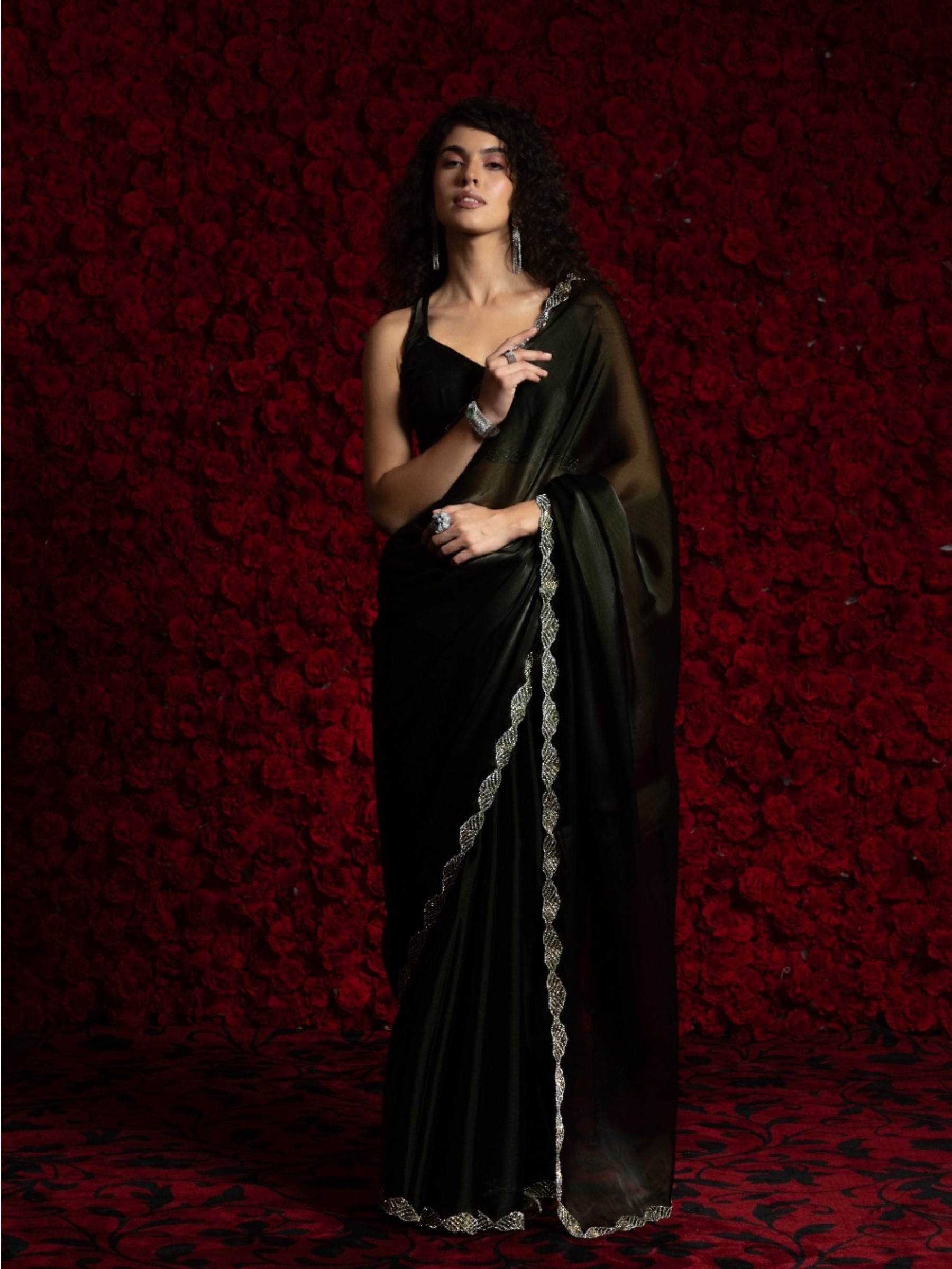 Tissue Chiffon Party wear Saree In Black Color with Swaroskvi Work 