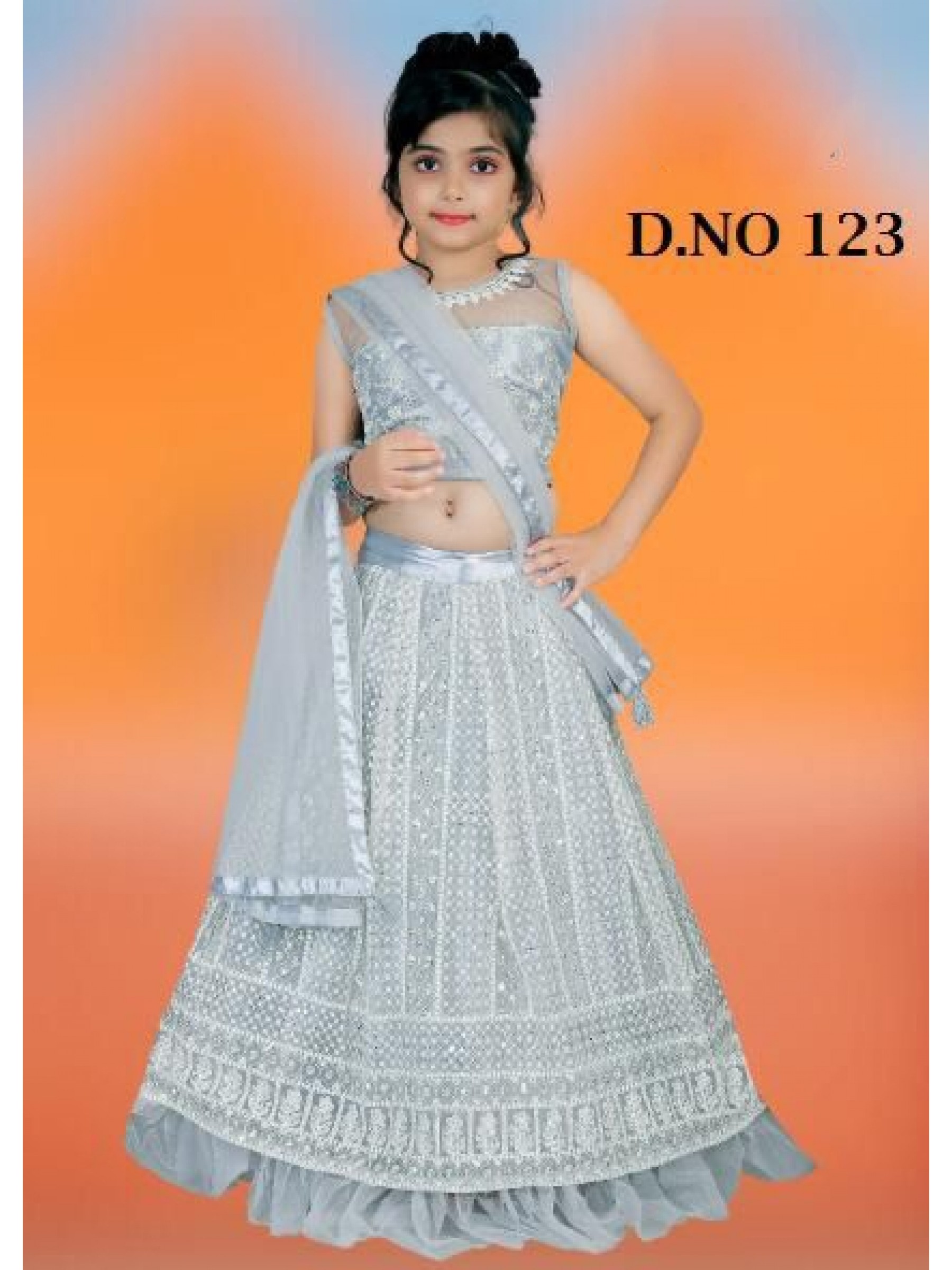Soft Premium Net Party Wear Kids Lehenga In Grey With Embroidery Work 