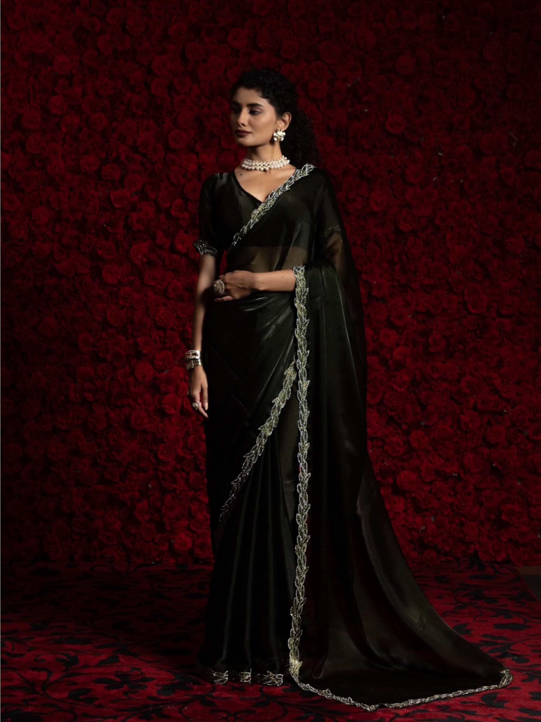 Tissue Chiffon Party wear Saree In Black Color with Swaroskvi Work 