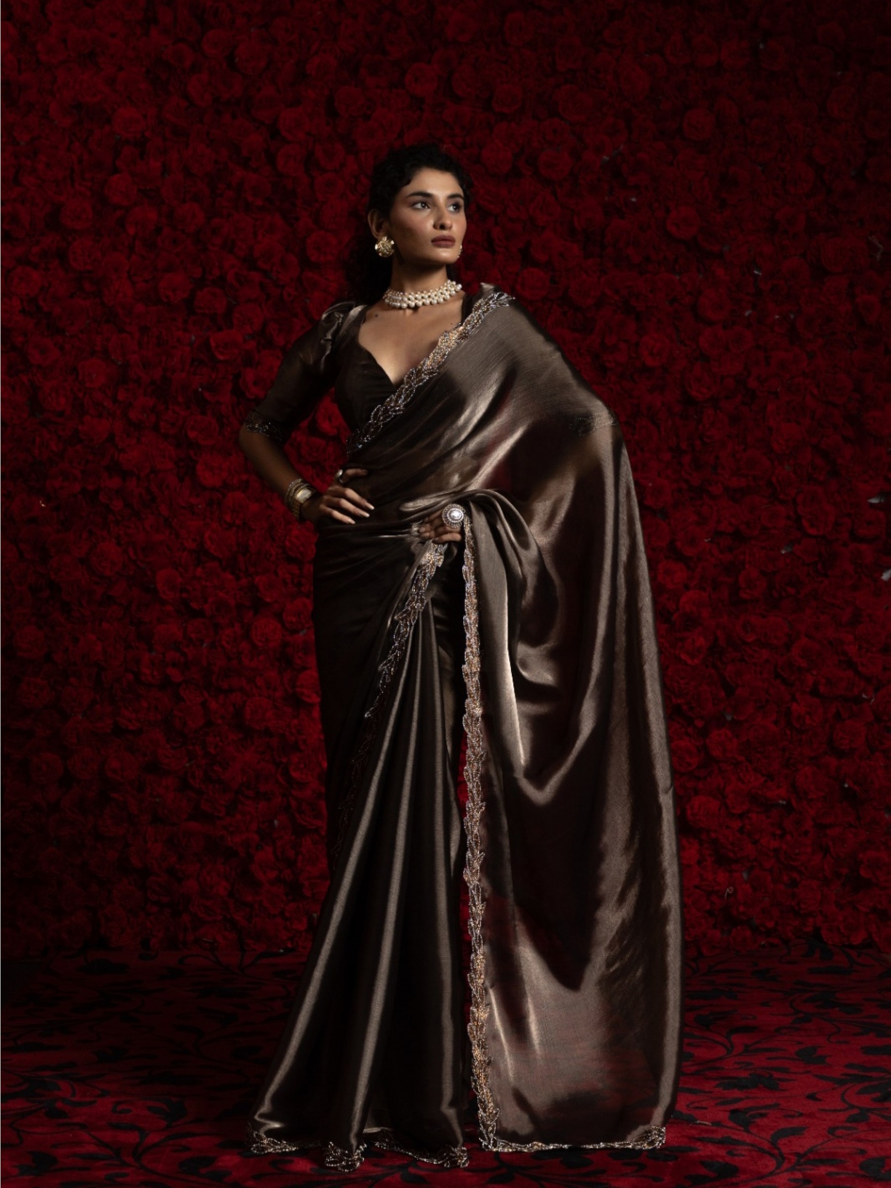 Tissue Chiffon Party wear Saree In Black Grey Color with Swaroskvi Work 