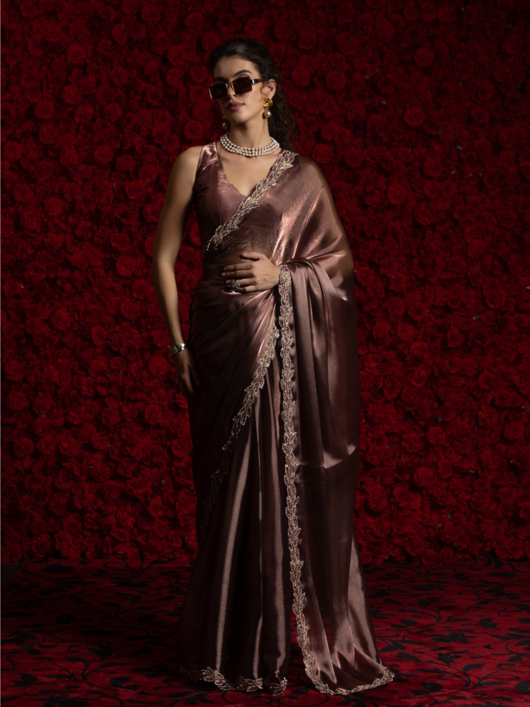 Tissue Chiffon Party wear Saree In Brown Color with Swaroskvi Work 