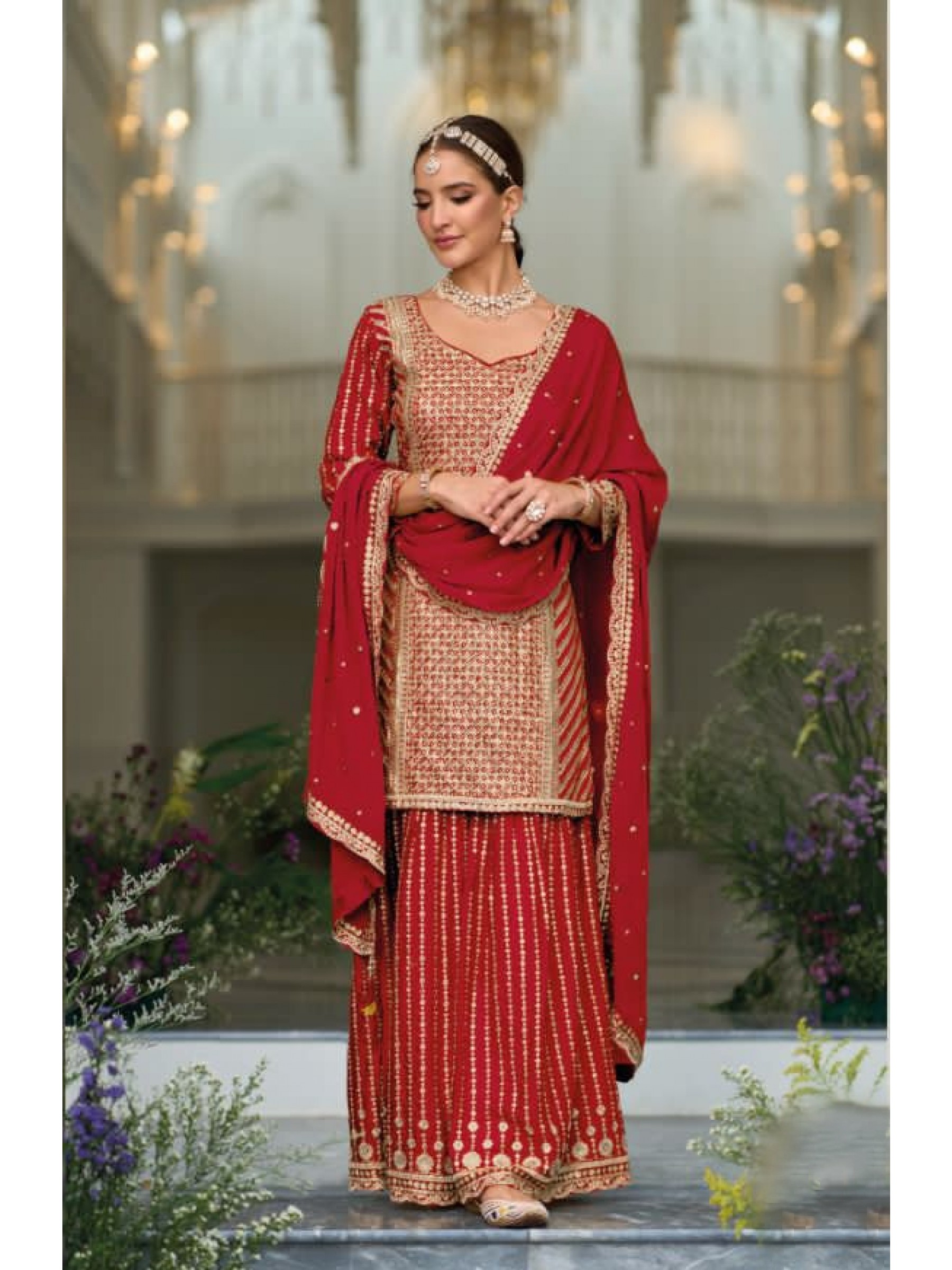 Pure Silk Party Wear Sharara In Red With Embroidery Work 