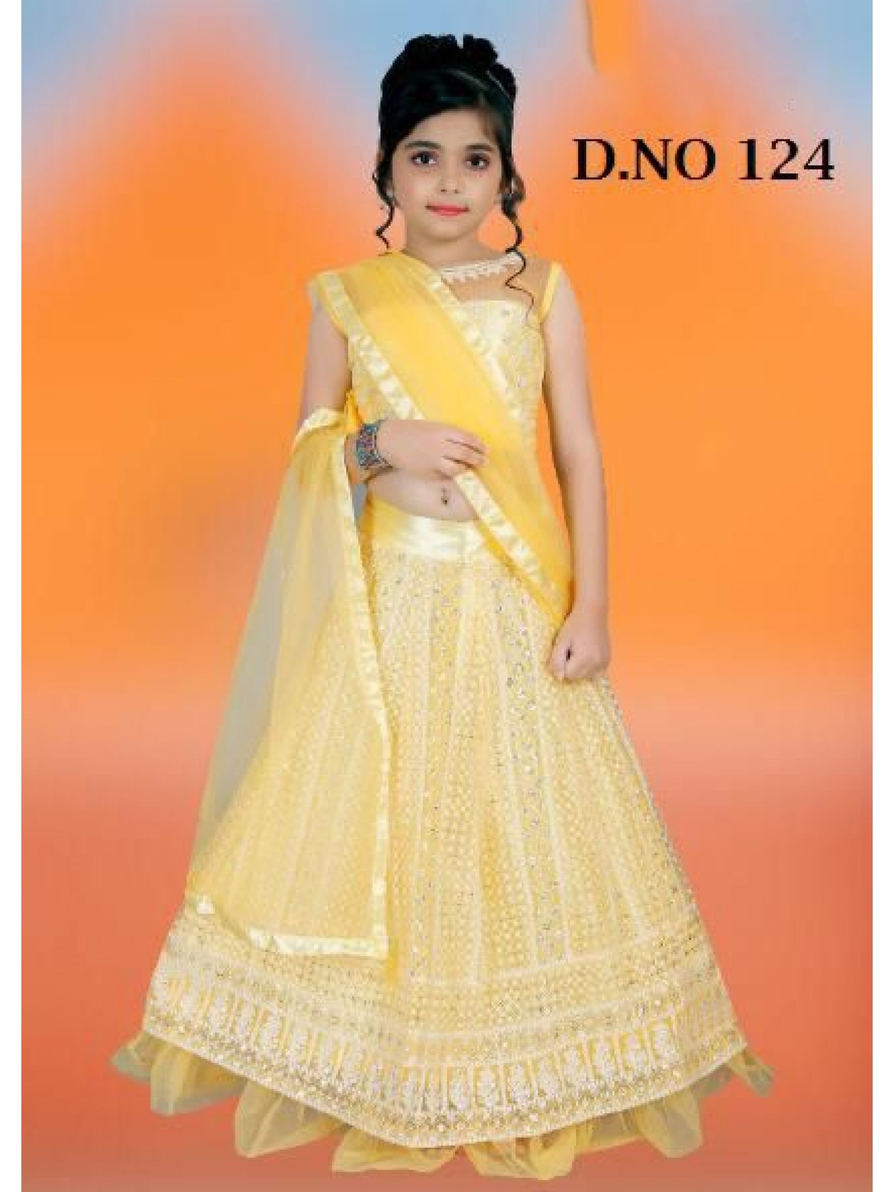 Soft Premium Net Party Wear Kids Lehenga In Yellow With Embroidery Work 
