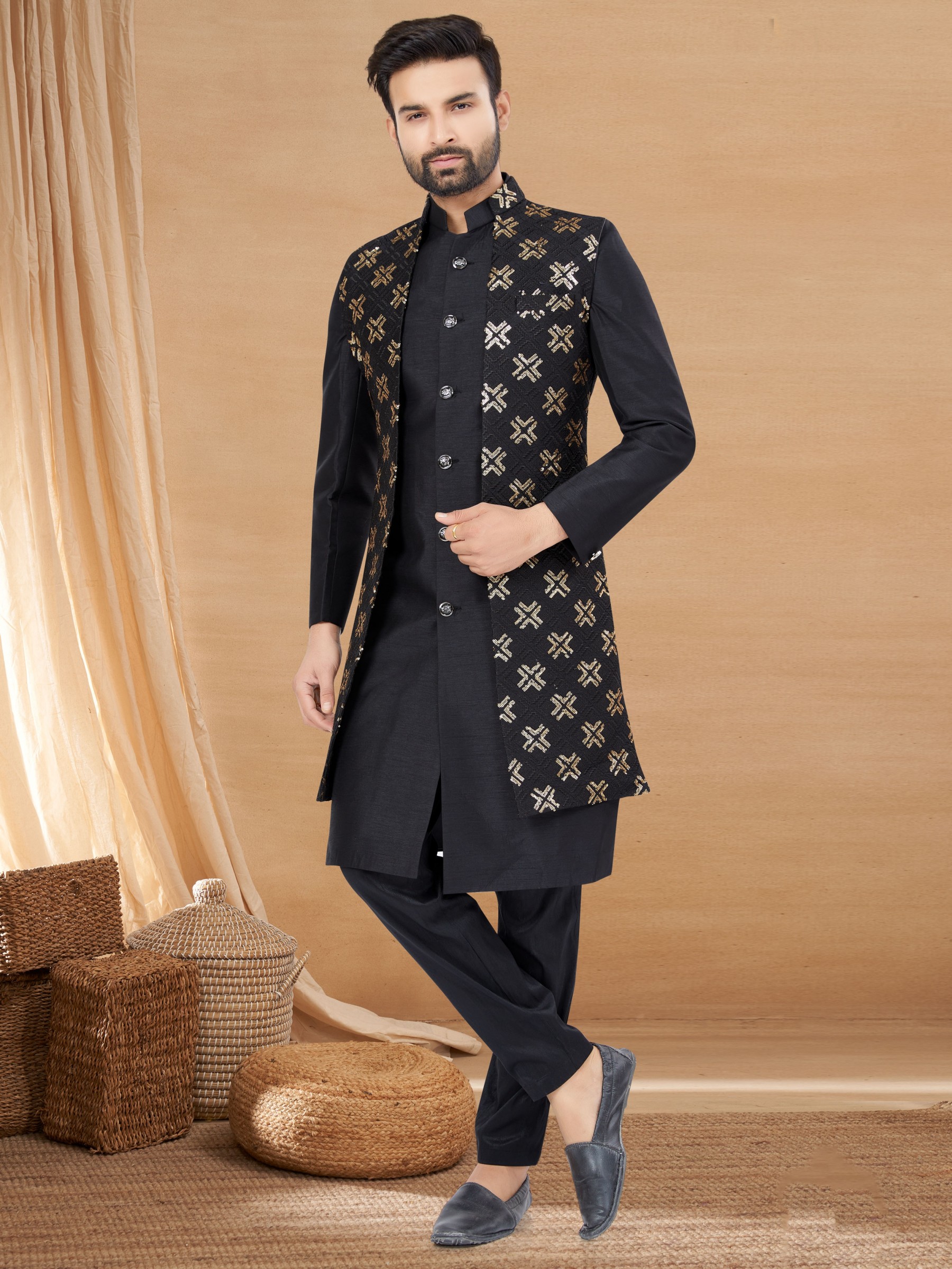 Art Silk IndoWestern Ready Made Dress in Black Color with Embroidery work 