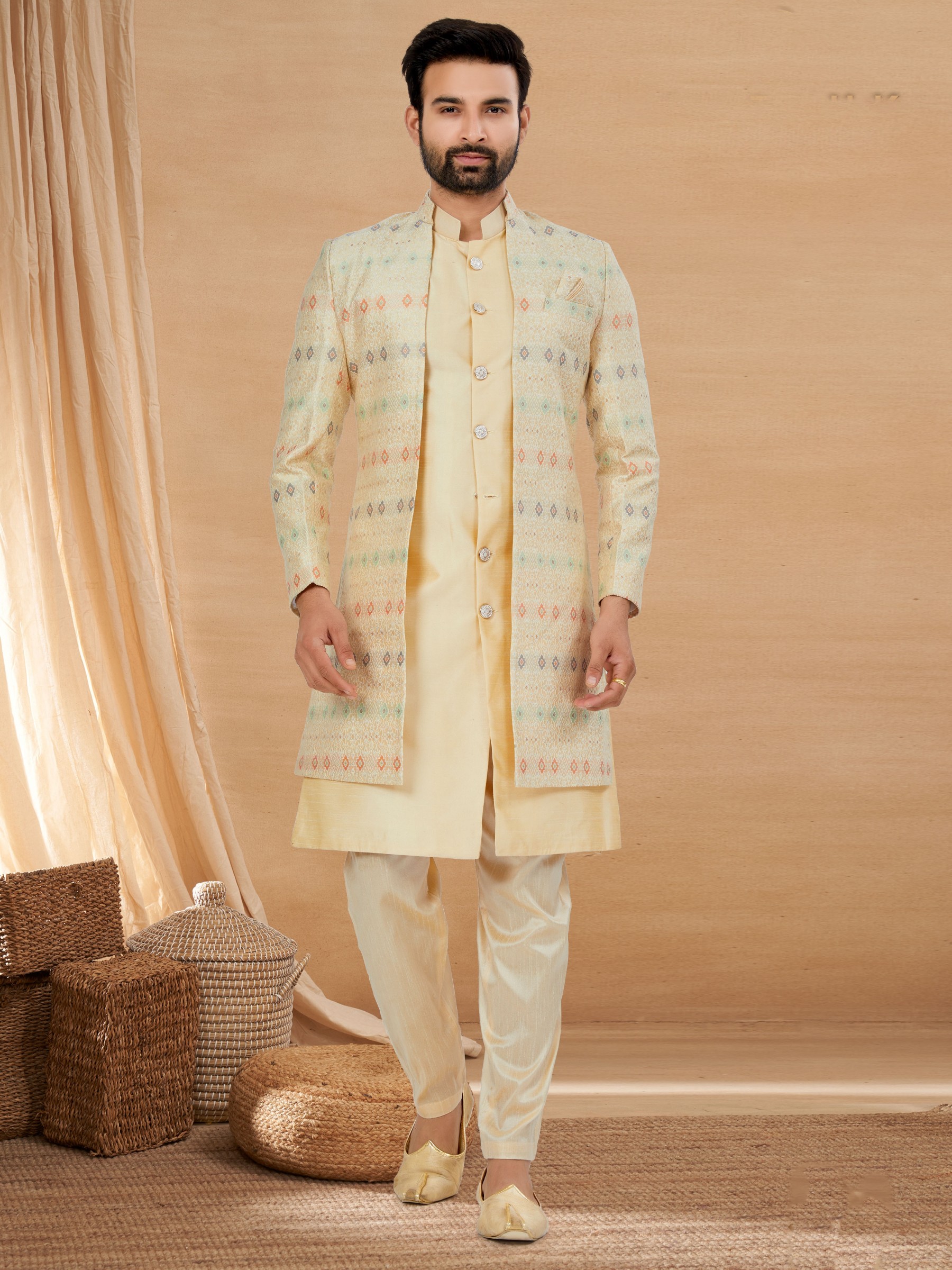 Jacquard Silk IndoWestern Ready Made Dress in Cream Color with Embroidery work 