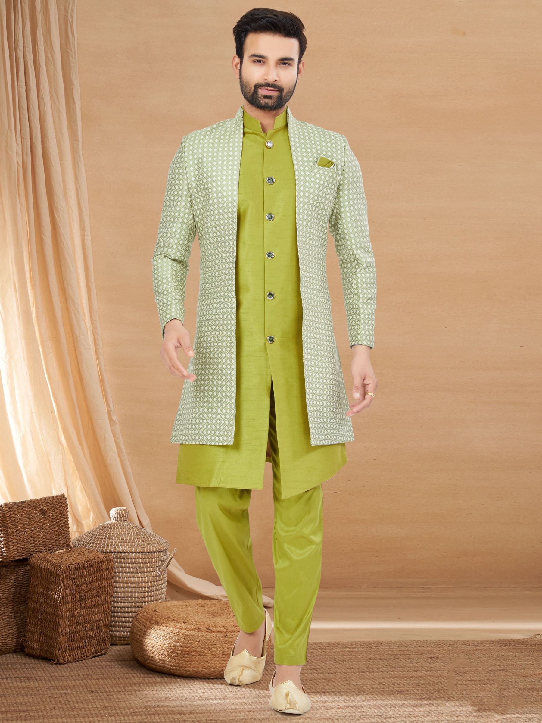 Jacquard Silk IndoWestern Ready Made Dress in Lime Green Color with Jacquard Weaving work 
