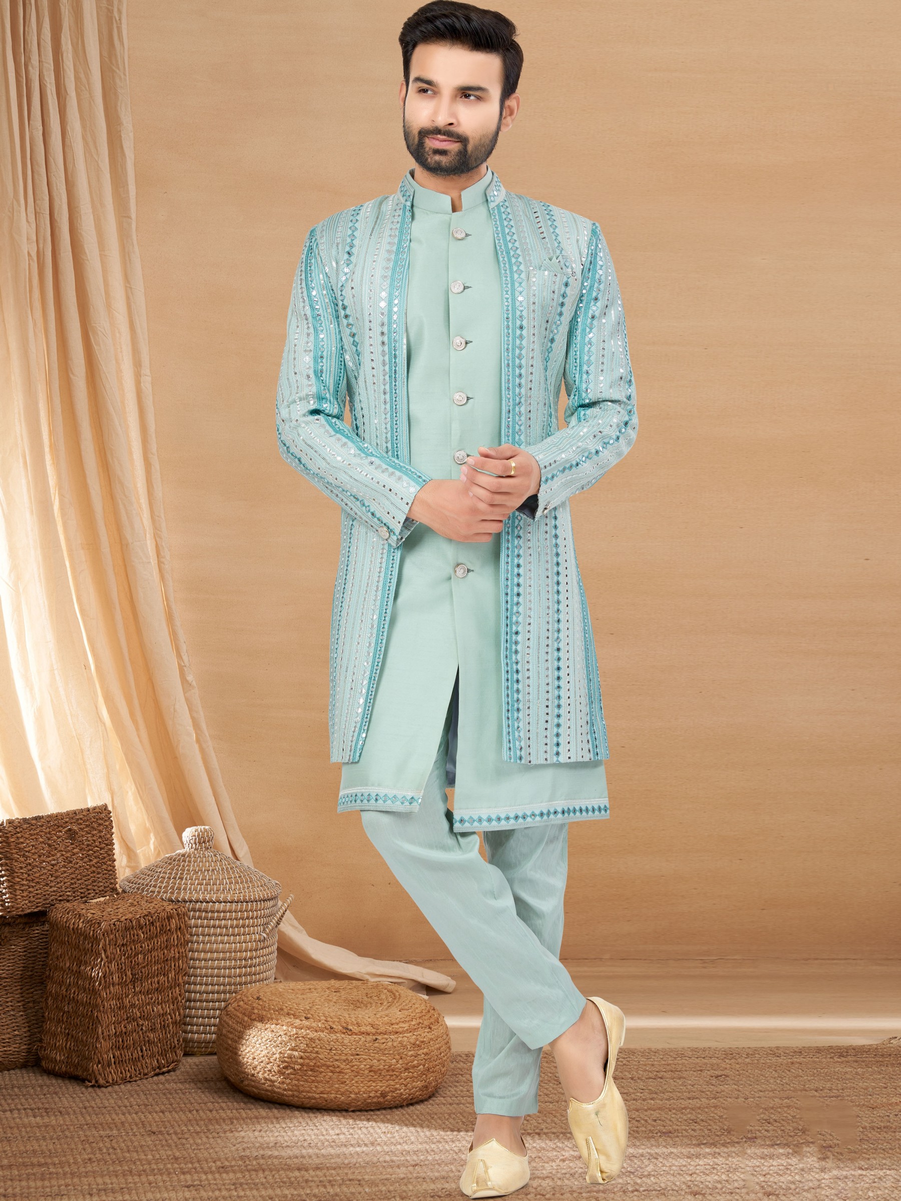 Pure Viscose Silk IndoWestern Ready Made Dress in Sky Blue Color with Embroidery work 