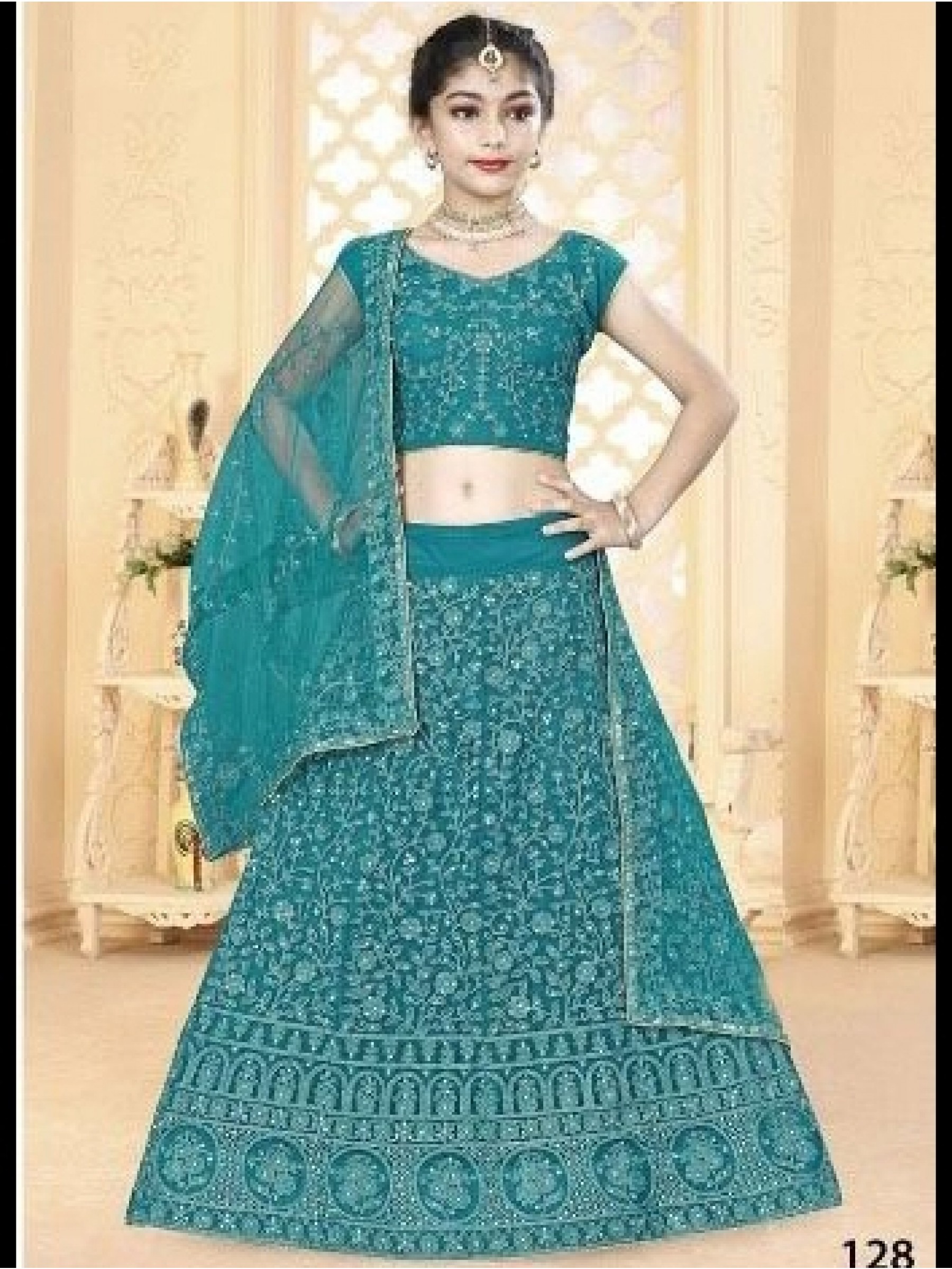 Soft Premium Net Party Wear Kids Lehenga In Blue WIth Embrodiery Work 