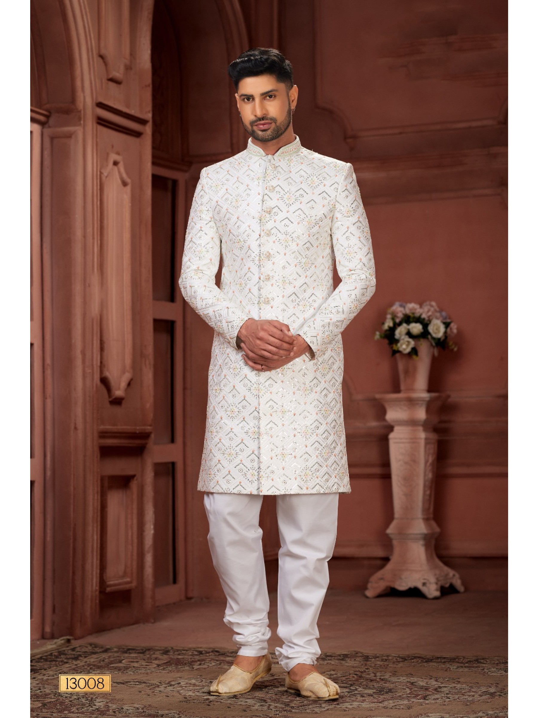 Pure Silk fabric with Embroidery Work Wedding Wear Sherwani set in Cream Color 
