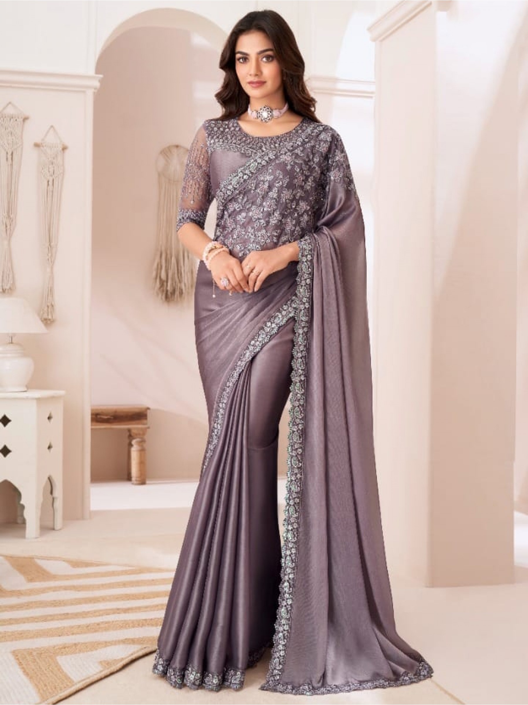 Sateen Silk  Party wear Saree Grey Color With Embroidery Work