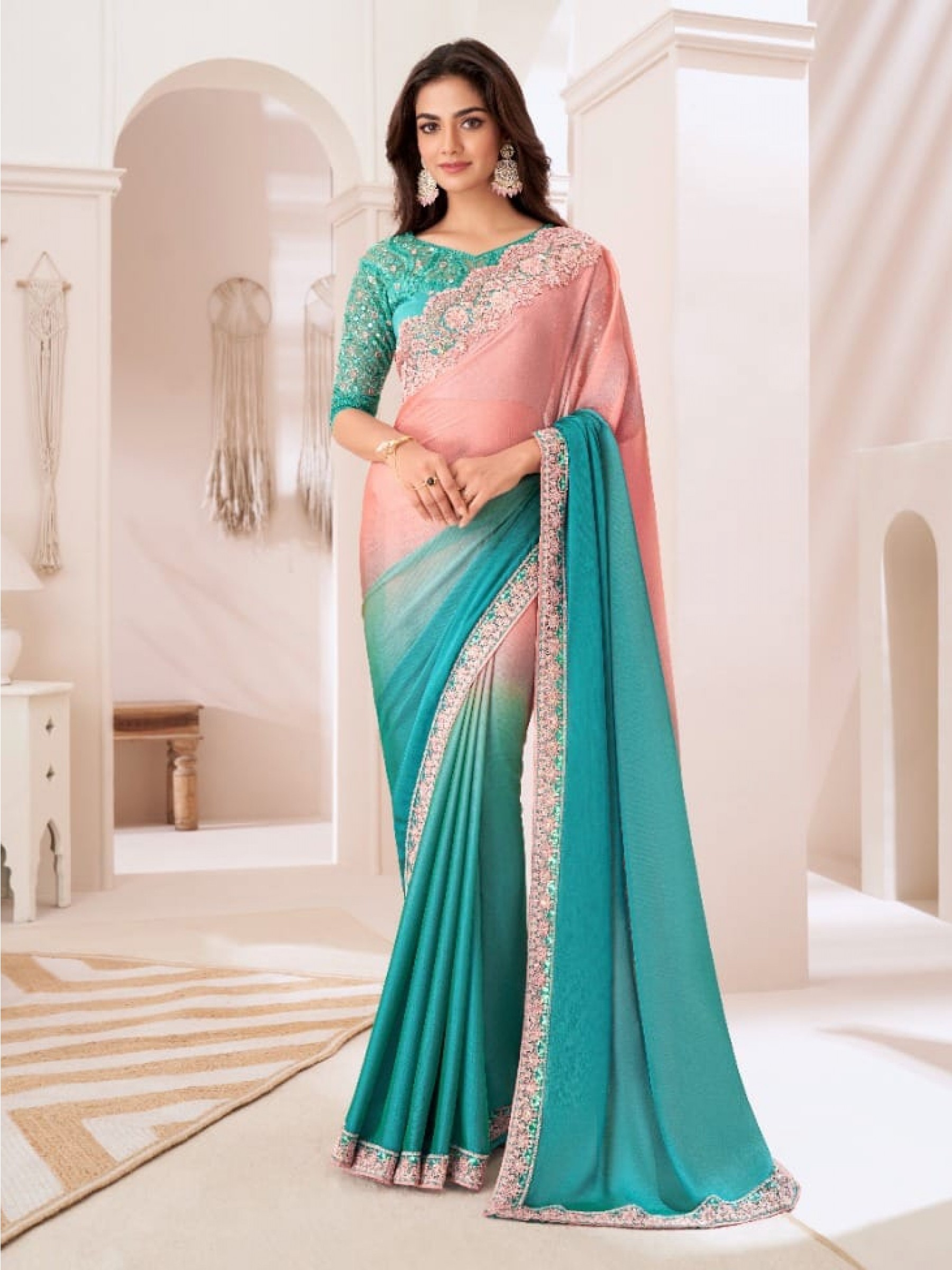 Chiffon  Party wear Saree Turquoise Color With Embroidery Work