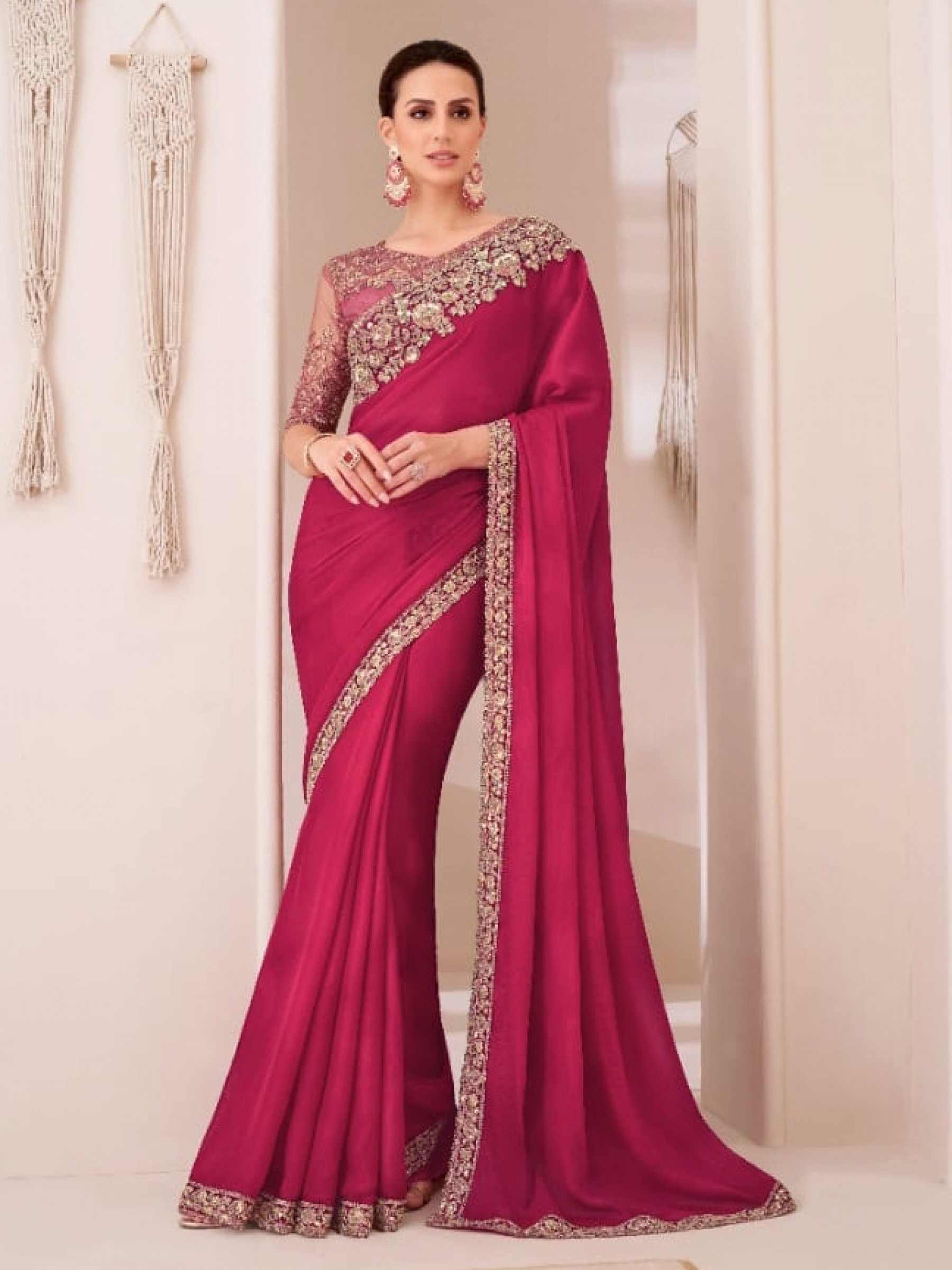 Chiffon  Party wear Saree Pink Color With Embroidery Work