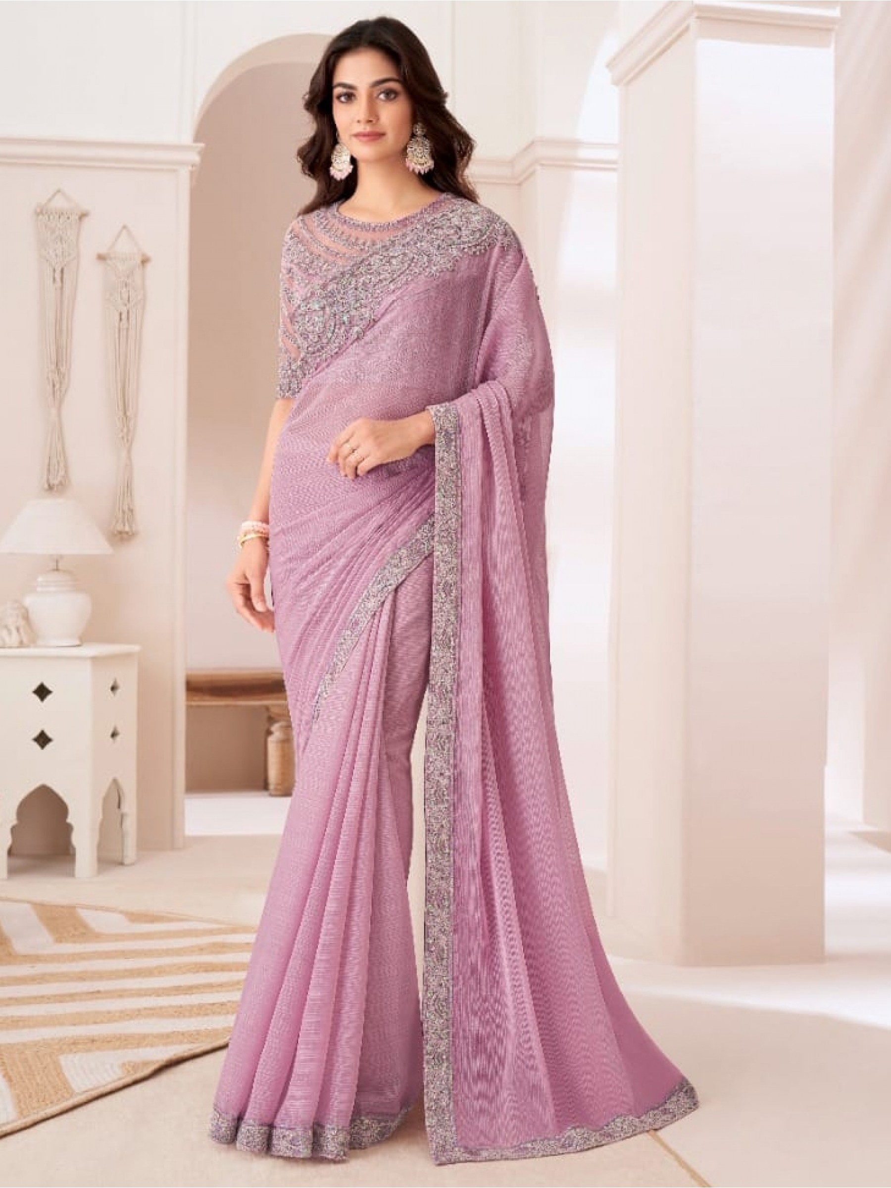 Chiffon  Party wear Saree Pink Color With Embroidery Work