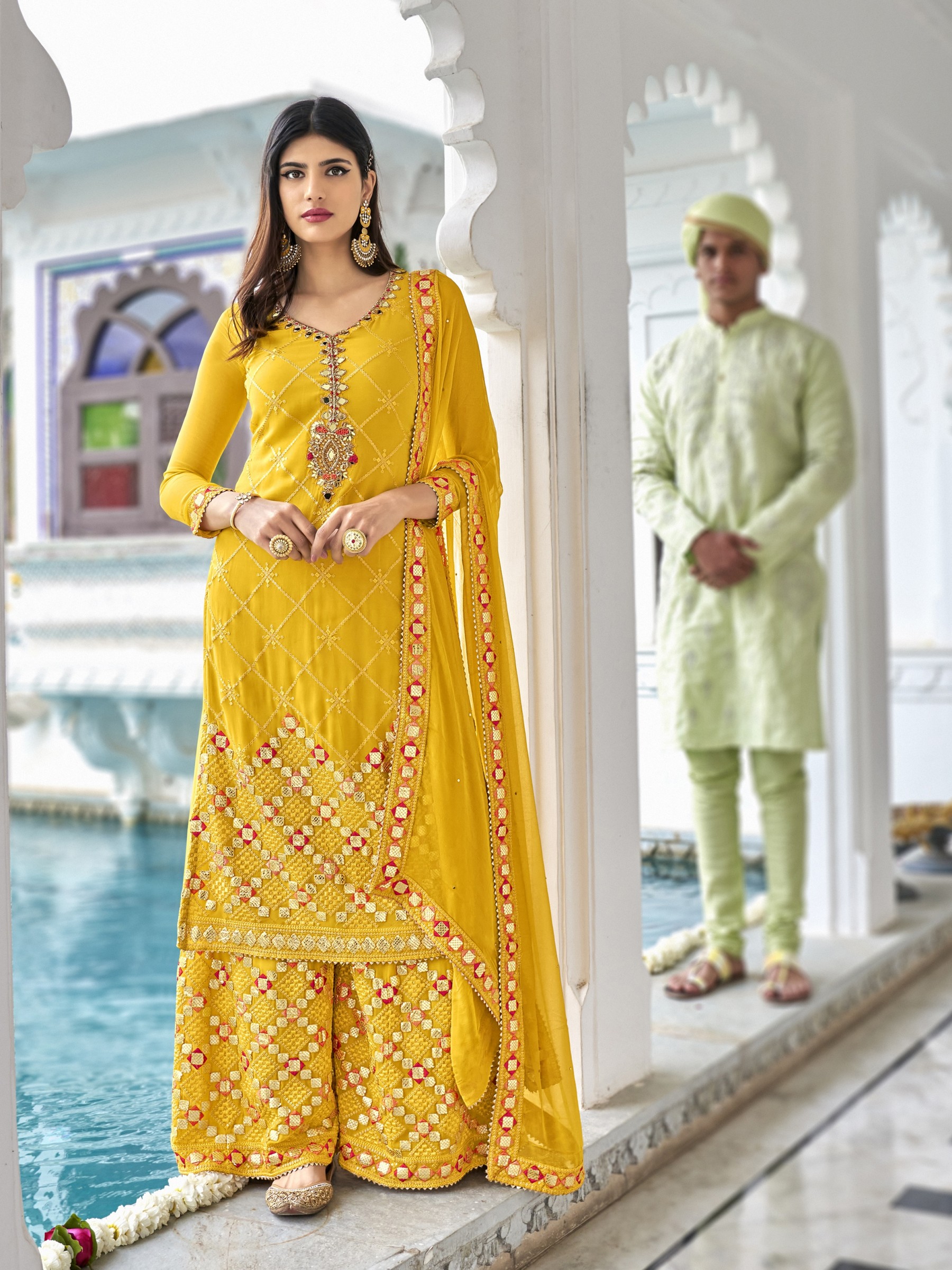 Heavy georgette Party Wear Readymade Plazo Suit  in Yellow Color with  Embroidery Work