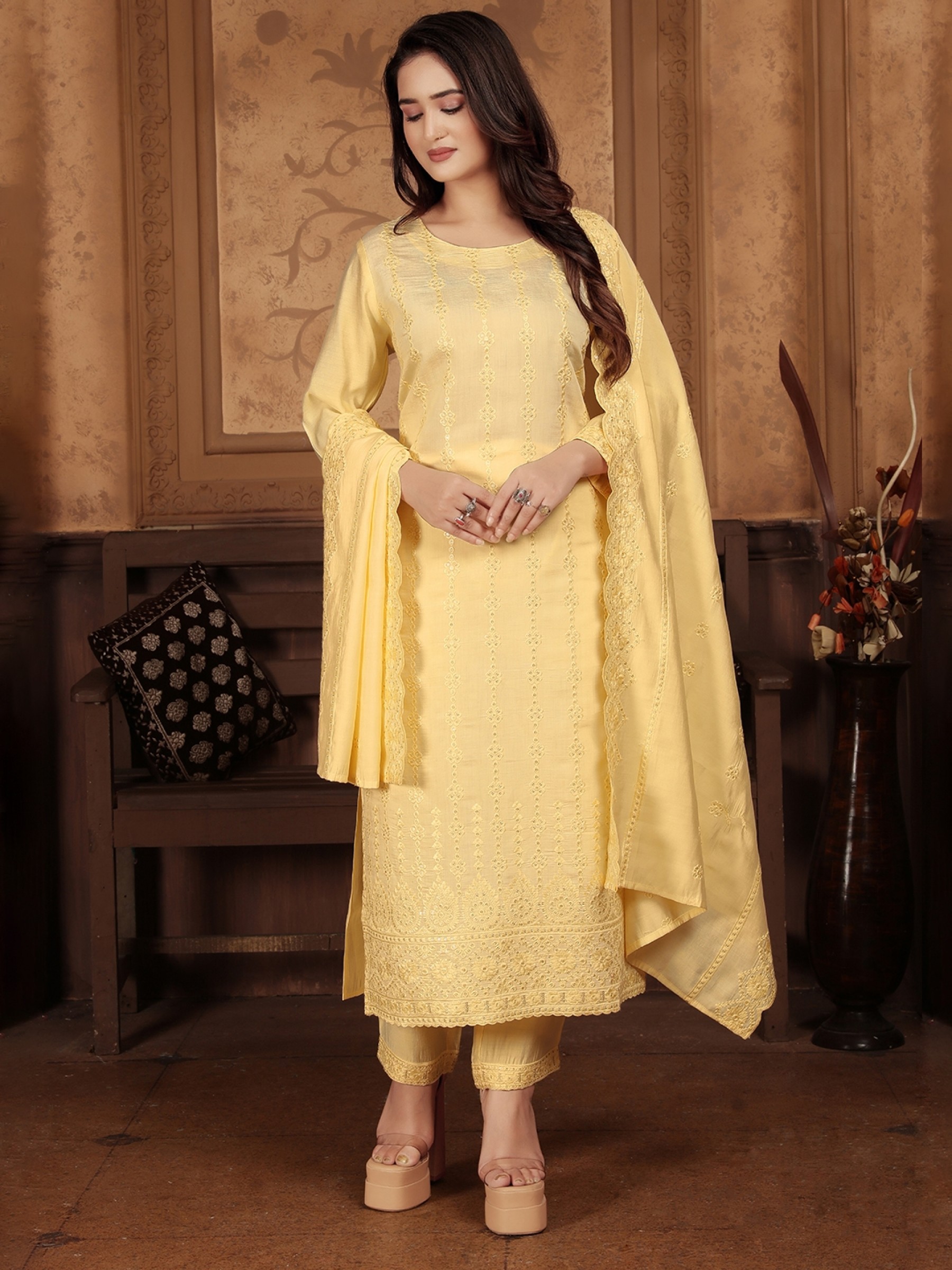 Chanderi Silk Party Wear Alia Salwar Suit in Yellow Color 