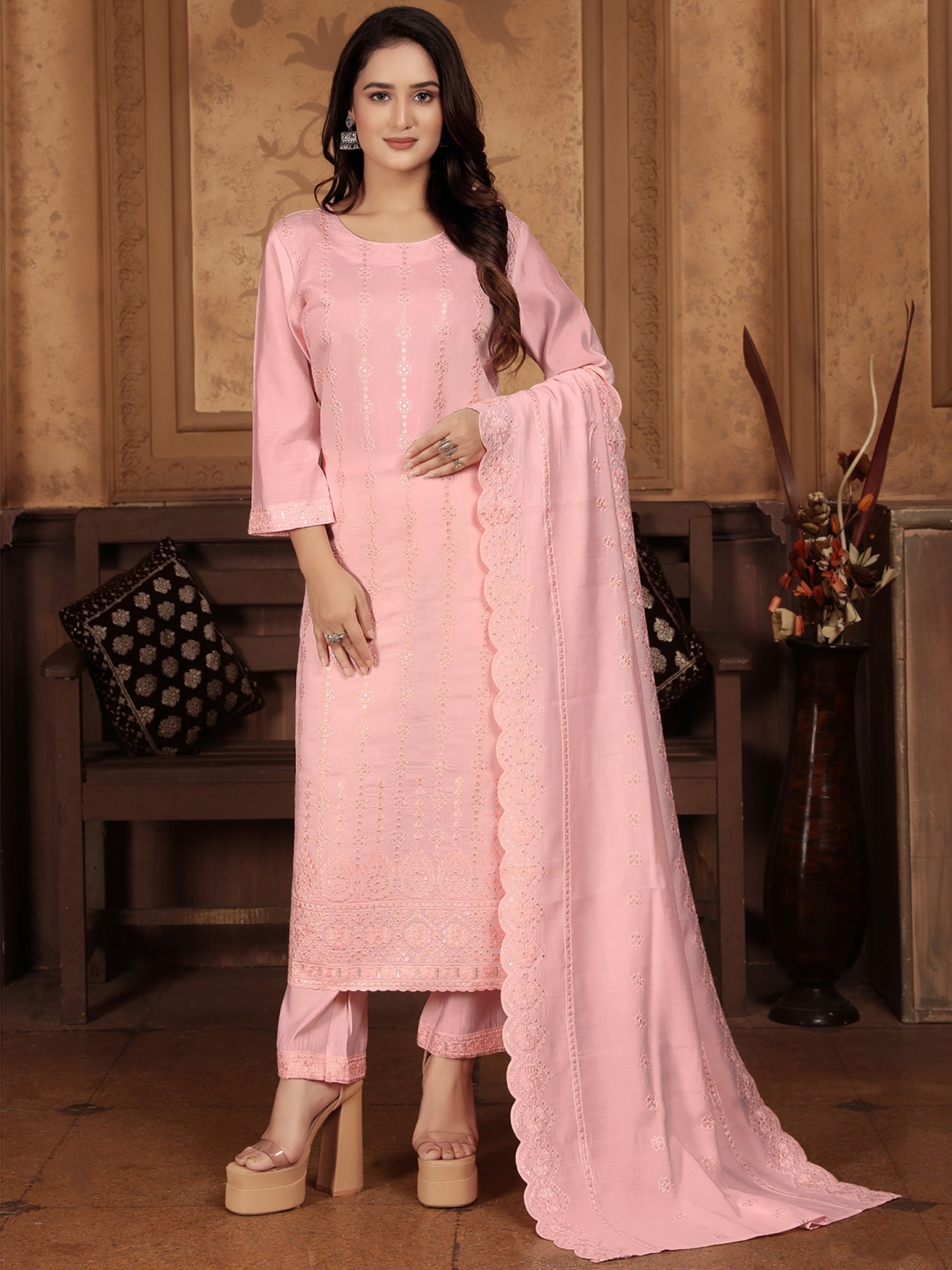 Chanderi Silk Party Wear Salwar Suit in Peach Color with Embroidery Work 