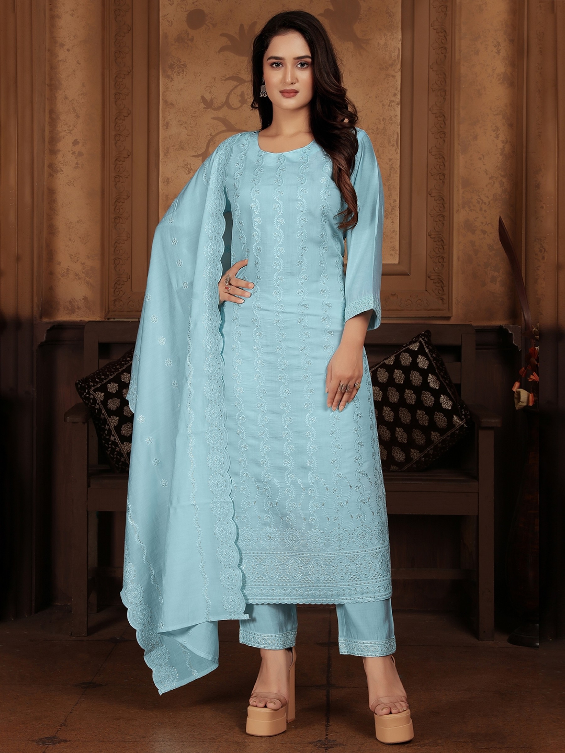 Chanderi Silk Party Wear Salwar Suit in Sky Blue Color with Embroidery Work 