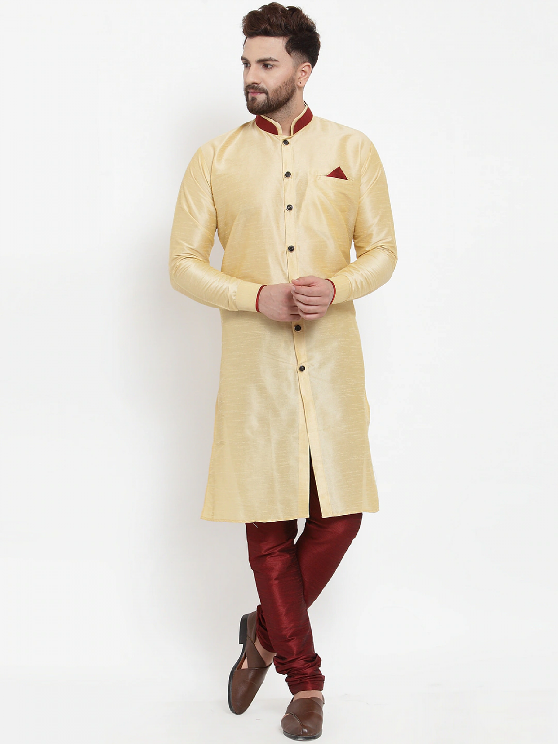 Banarasi Silk Readymade Kurta Set in Cream & Maroon