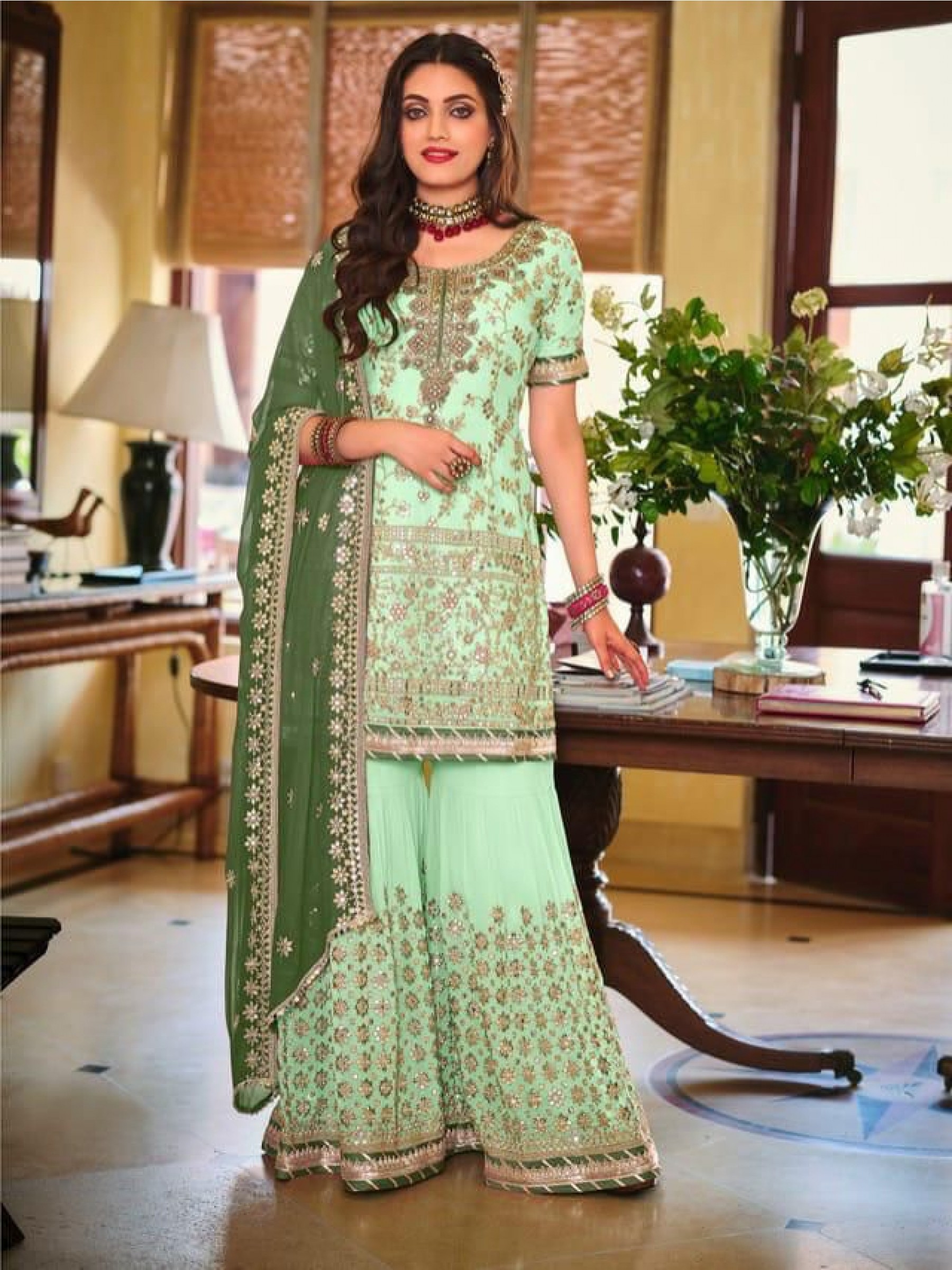 Faux georgette Party Wear  Readymade  Sharara  in Light Green Color with  Embroidery Work