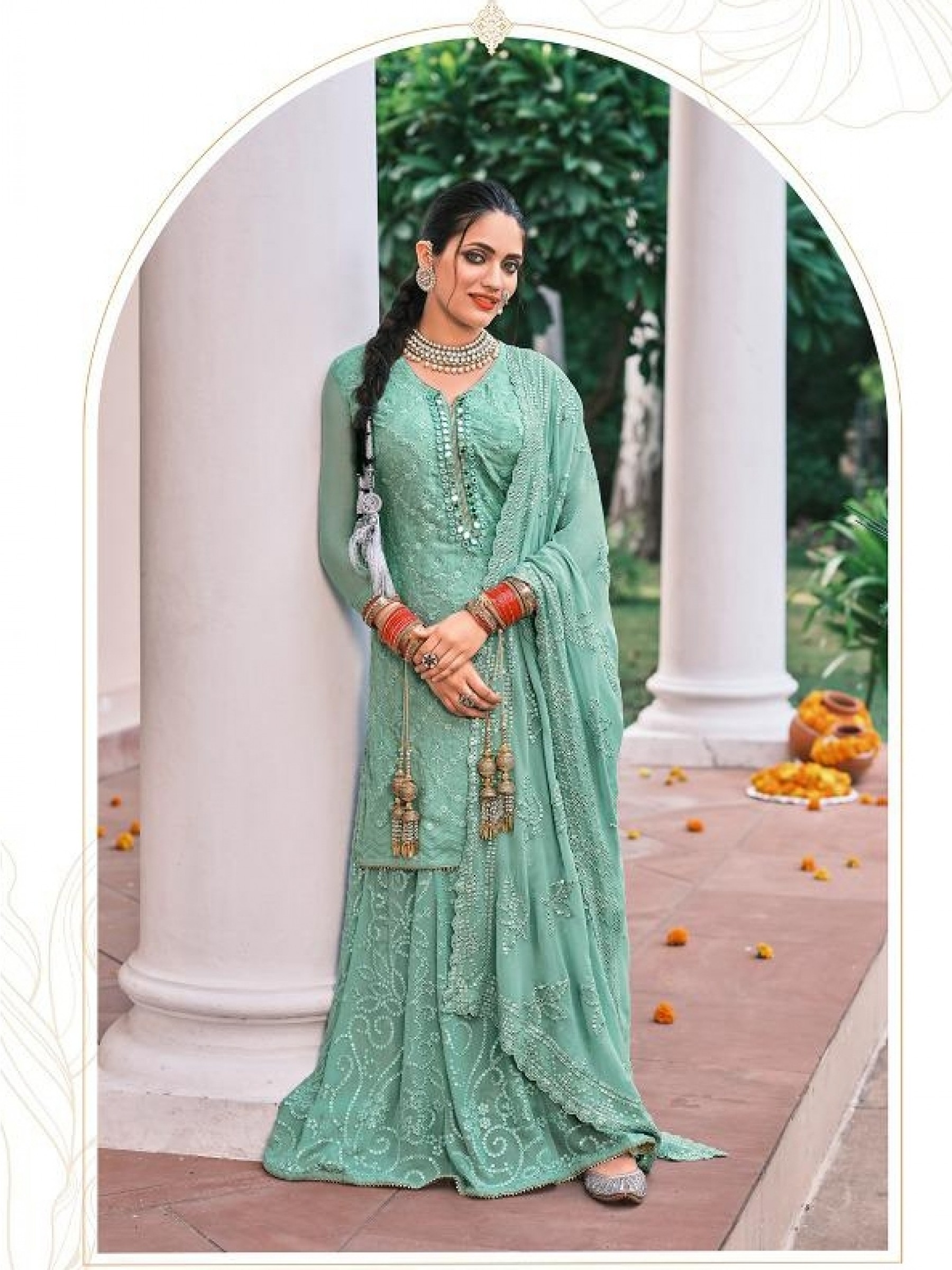 Real Geogratte  Party Wear  Readymade Sharara in Sea Green Color with  Embroidery Work