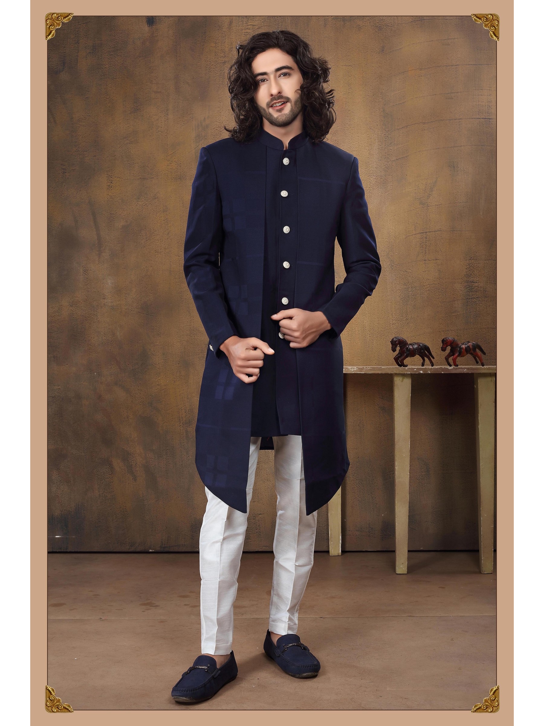 Heavy Imported Silk IndoWestern Ready Made Dress in Navy Blue & White