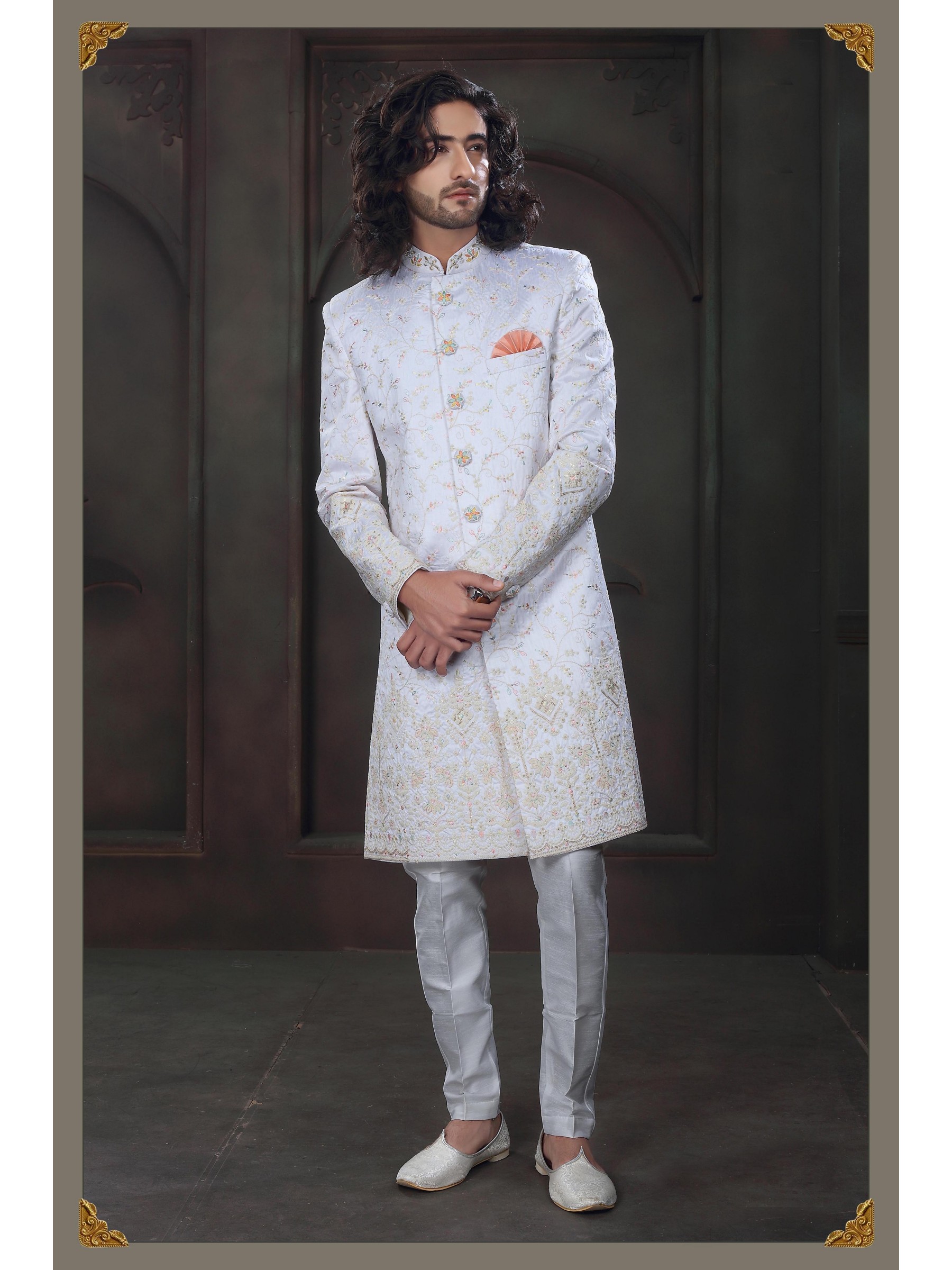 Heavy Imported Silk IndoWestern Ready Made Dress in Off White With Embordiery Work 