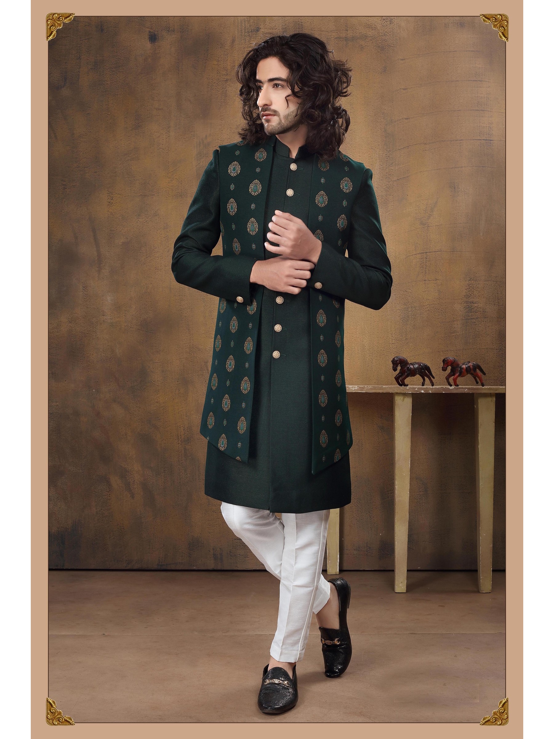Heavy Imported Silk IndoWestern Ready Made Dress in Dark Green With Embordiery Work 