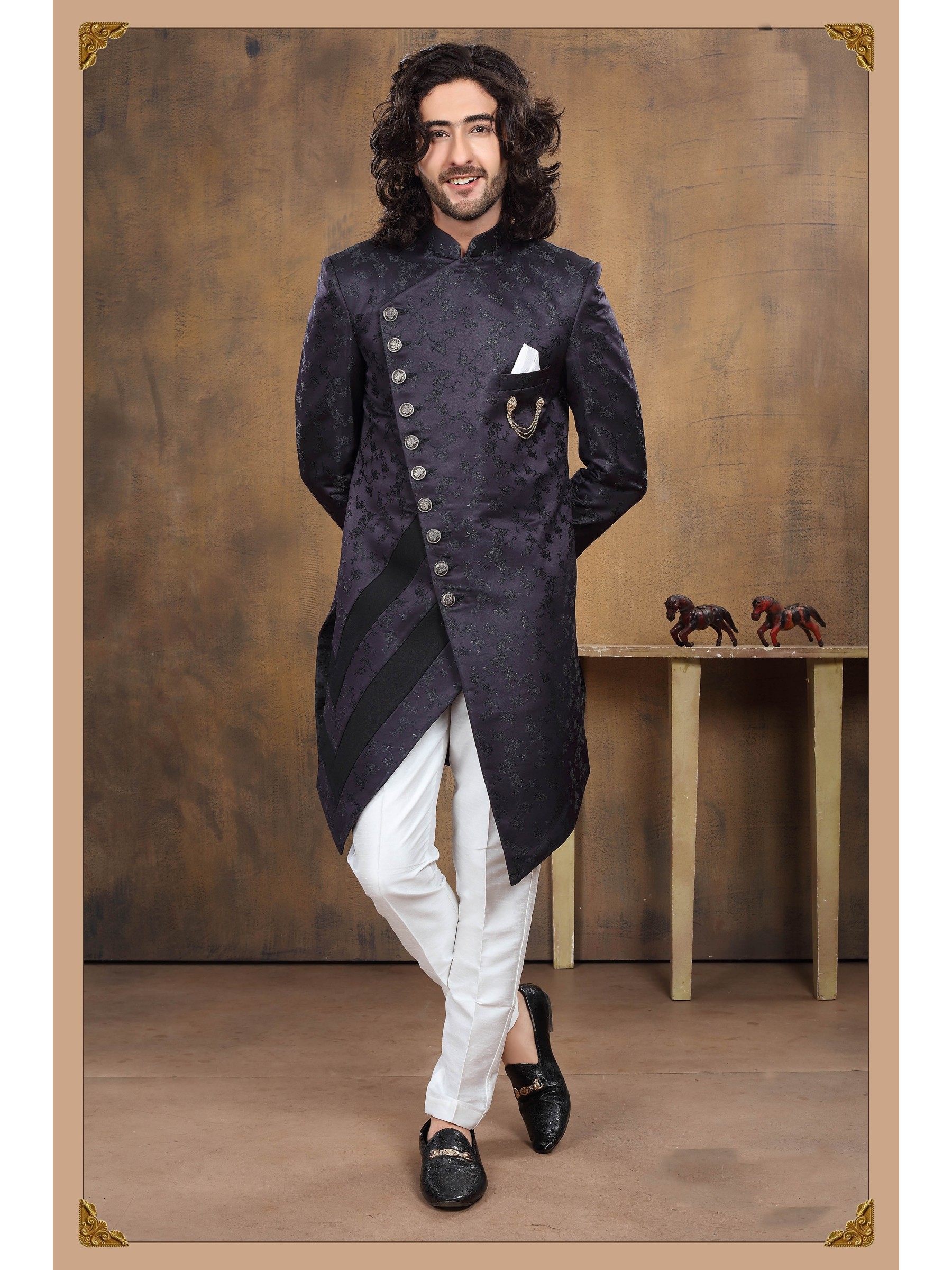 Heavy Imported Silk IndoWestern Ready Made Dress in Navy Blue 