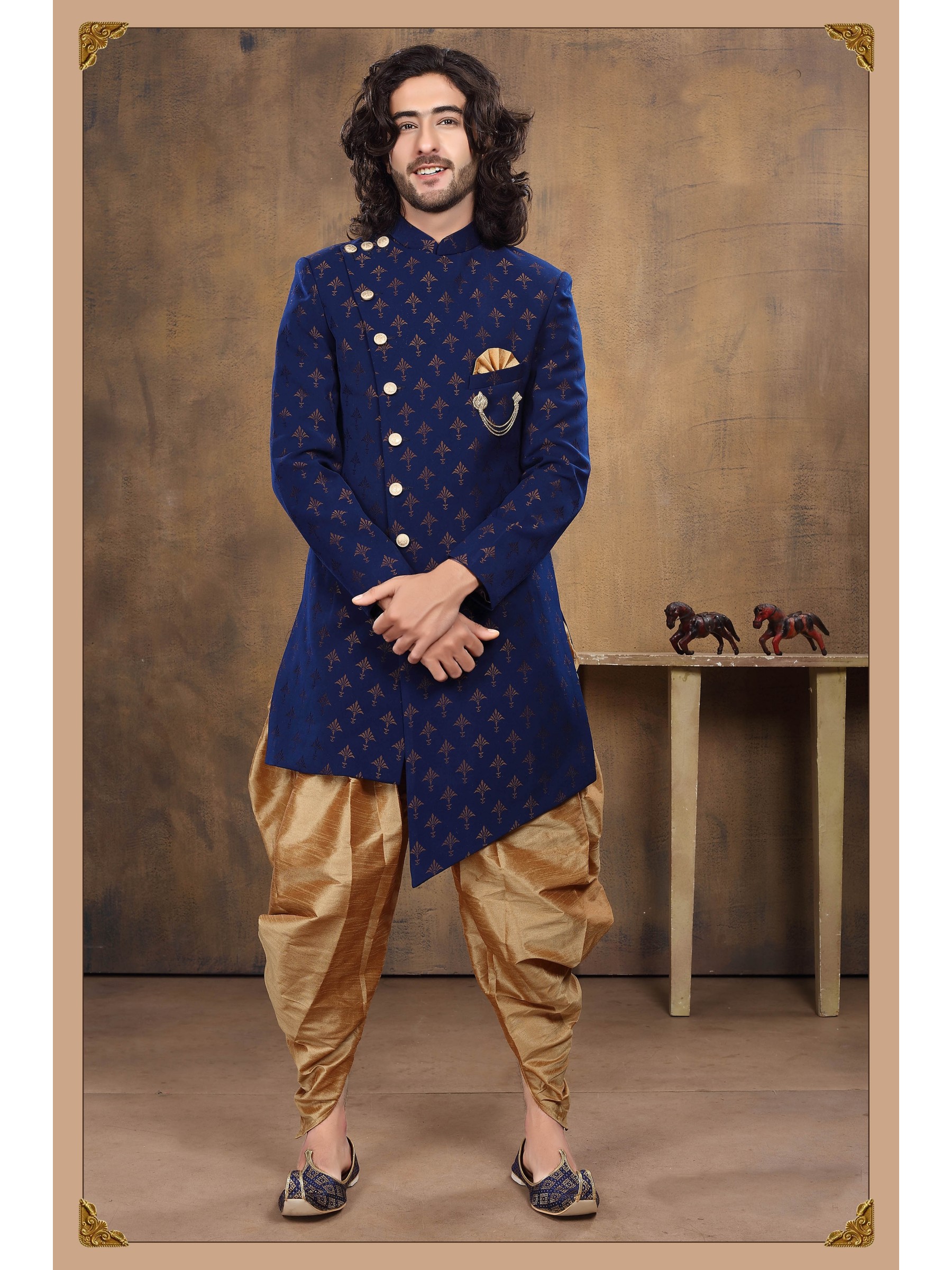 Heavy Imported Silk IndoWestern Ready Made Dress in Navy Blue 