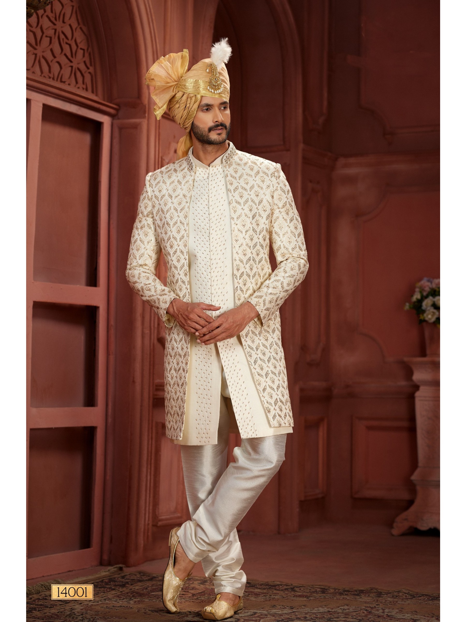 Pure Silk fabric with Embroidery Work Wedding Wear Sherwani set in Cream 