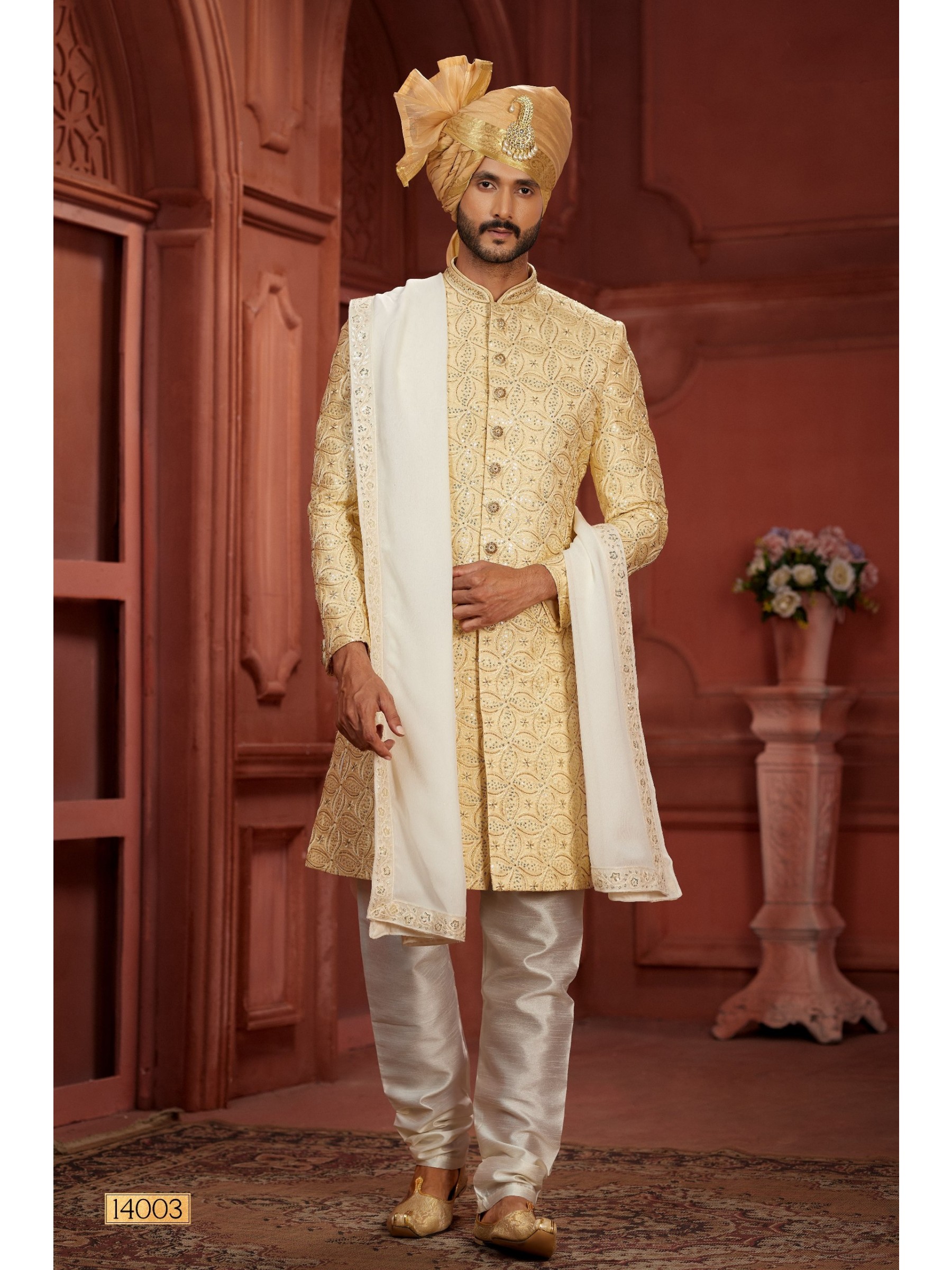Pure Silk fabric with Embroidery Work Wedding Wear Sherwani set in Mustard Color 