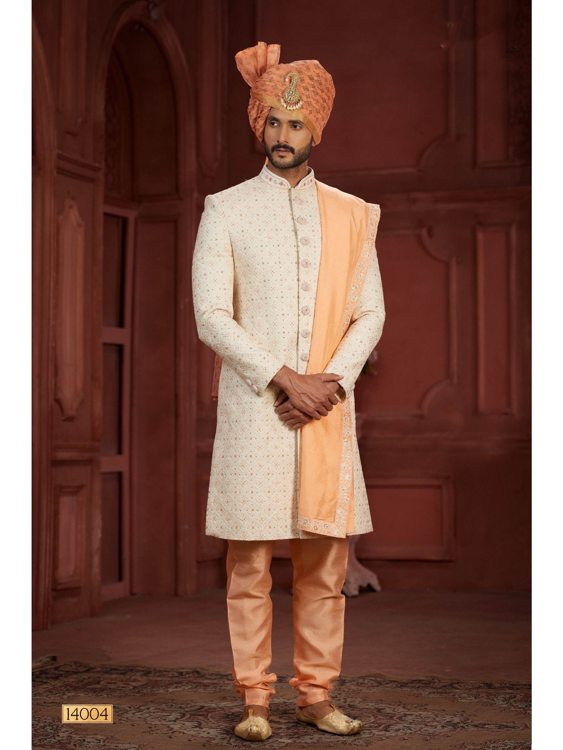Pure Silk fabric with Embroidery Work Wedding Wear Sherwani set in Cream & Peach Color 