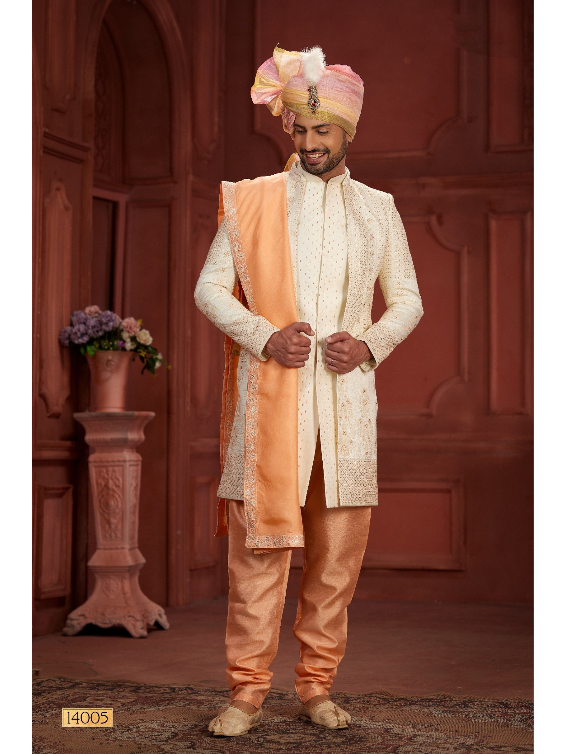 Pure Silk fabric with Embroidery Work Wedding Wear Sherwani set in Cream & Peach Color 