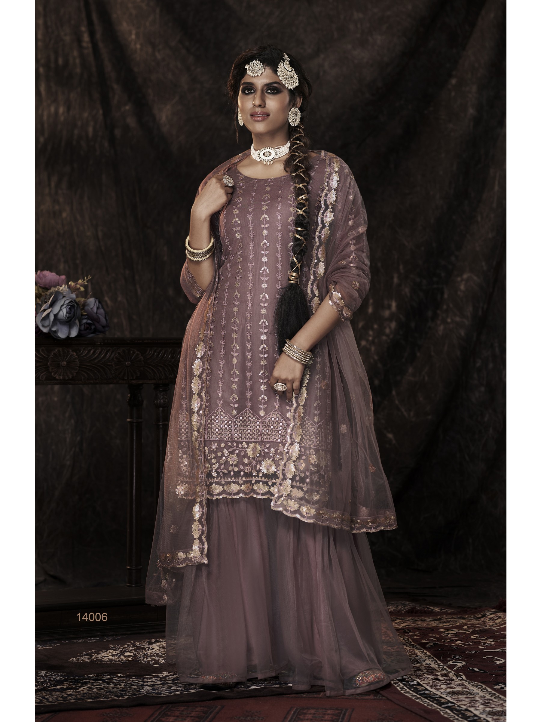 Soft Premium Net Party Wear Sharara In Mauve With Embroidery Work 
