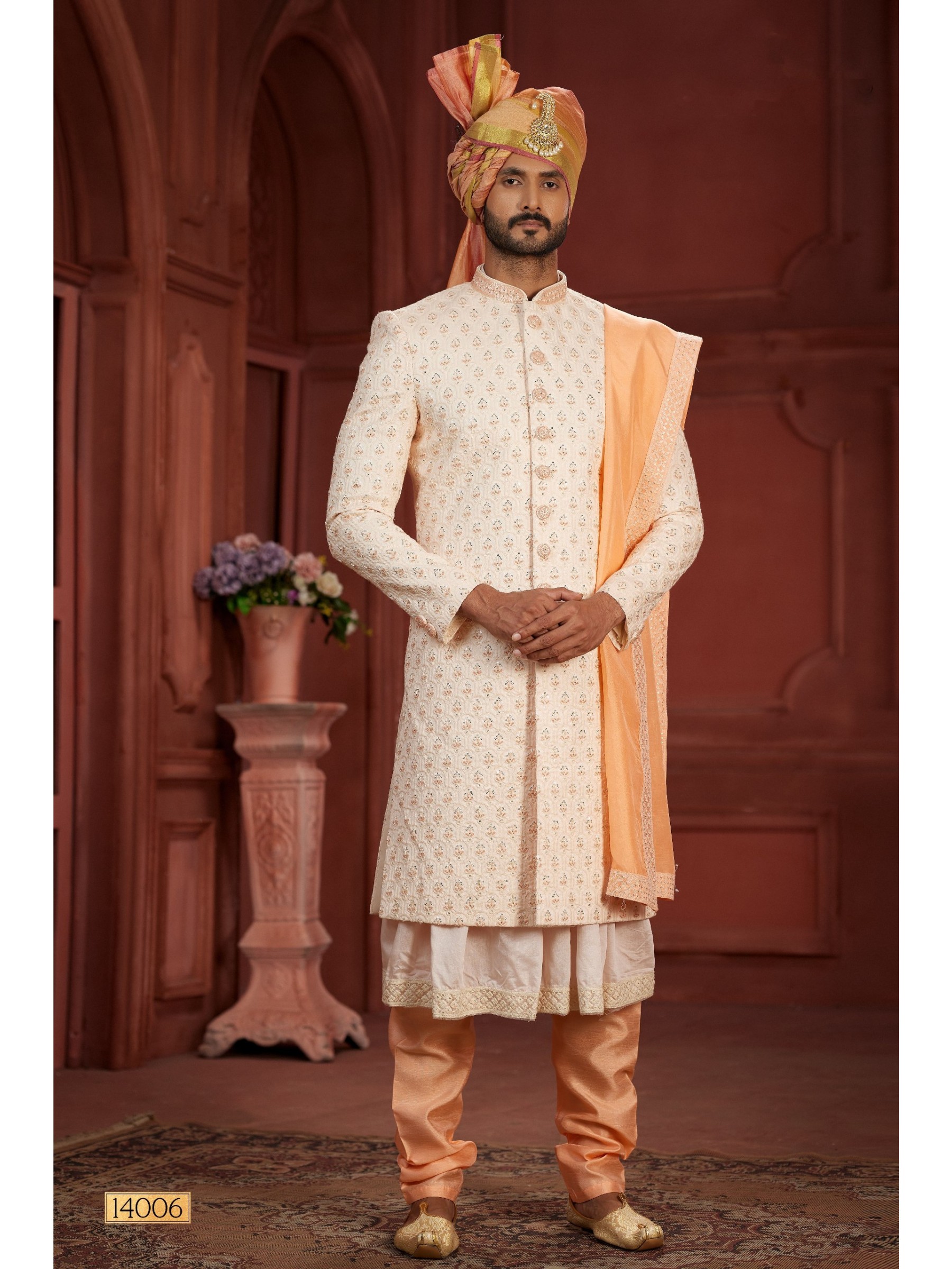 Pure Silk fabric with Embroidery Work Wedding Wear Sherwani set in Cream & Peach Color 