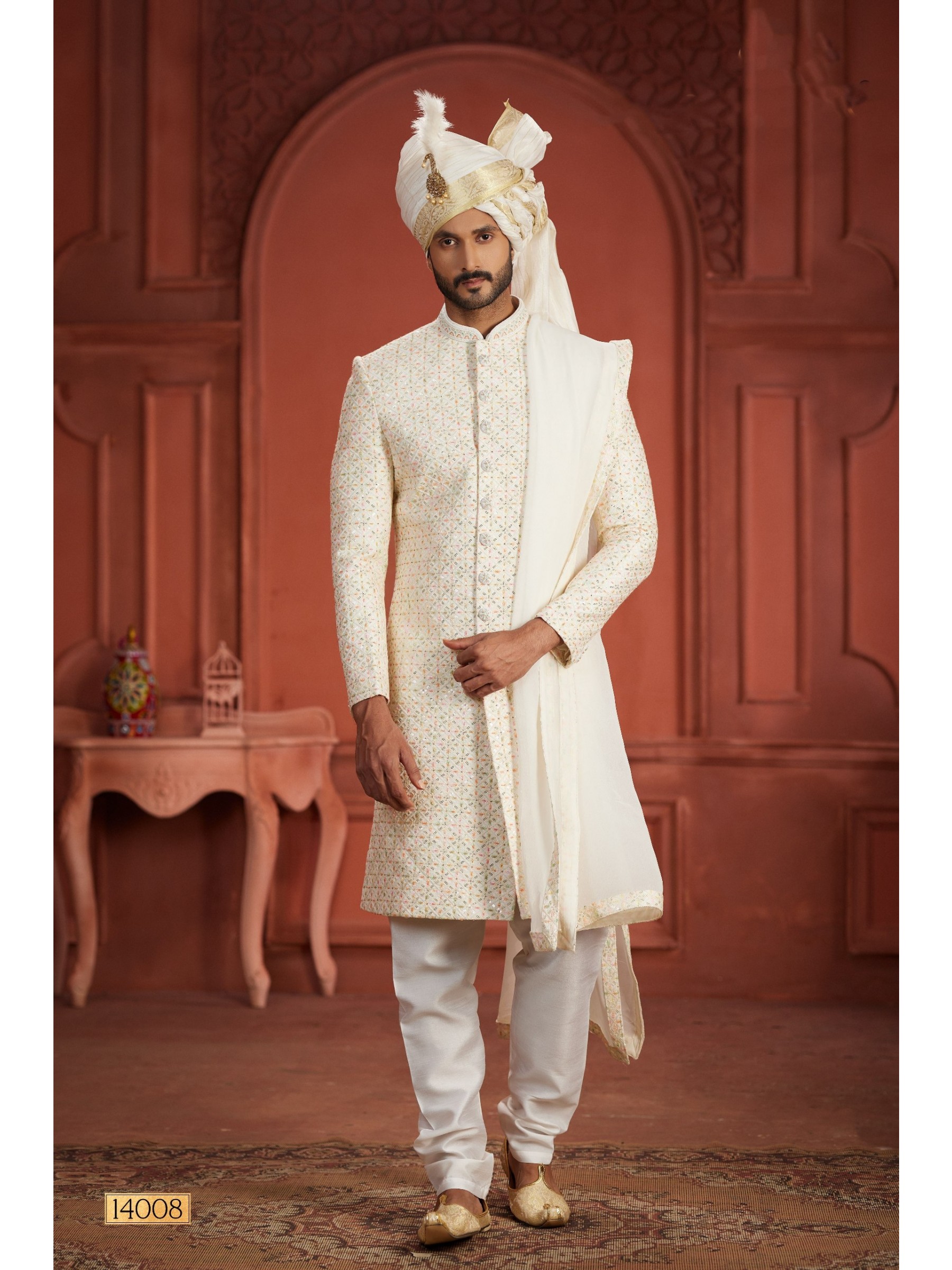 Pure Silk fabric with Embroidery Work Wedding Wear Sherwani set in Multi Color 