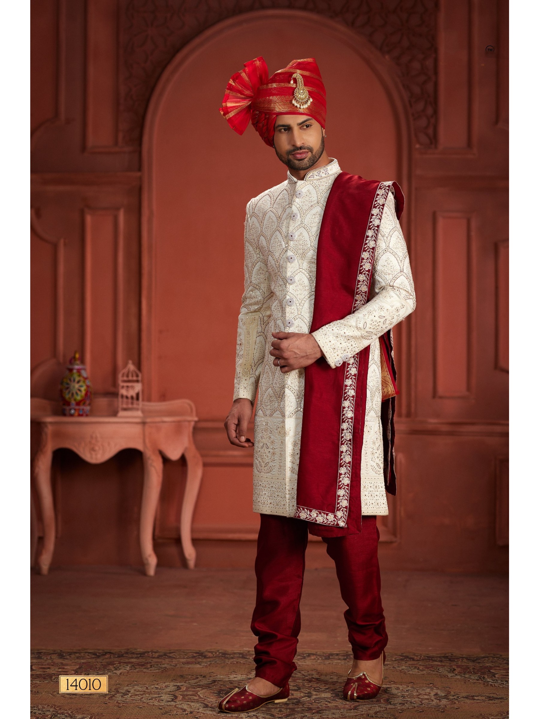 Pure Silk fabric with Embroidery Work Wedding Wear Sherwani set in Cream & Maroon Color 