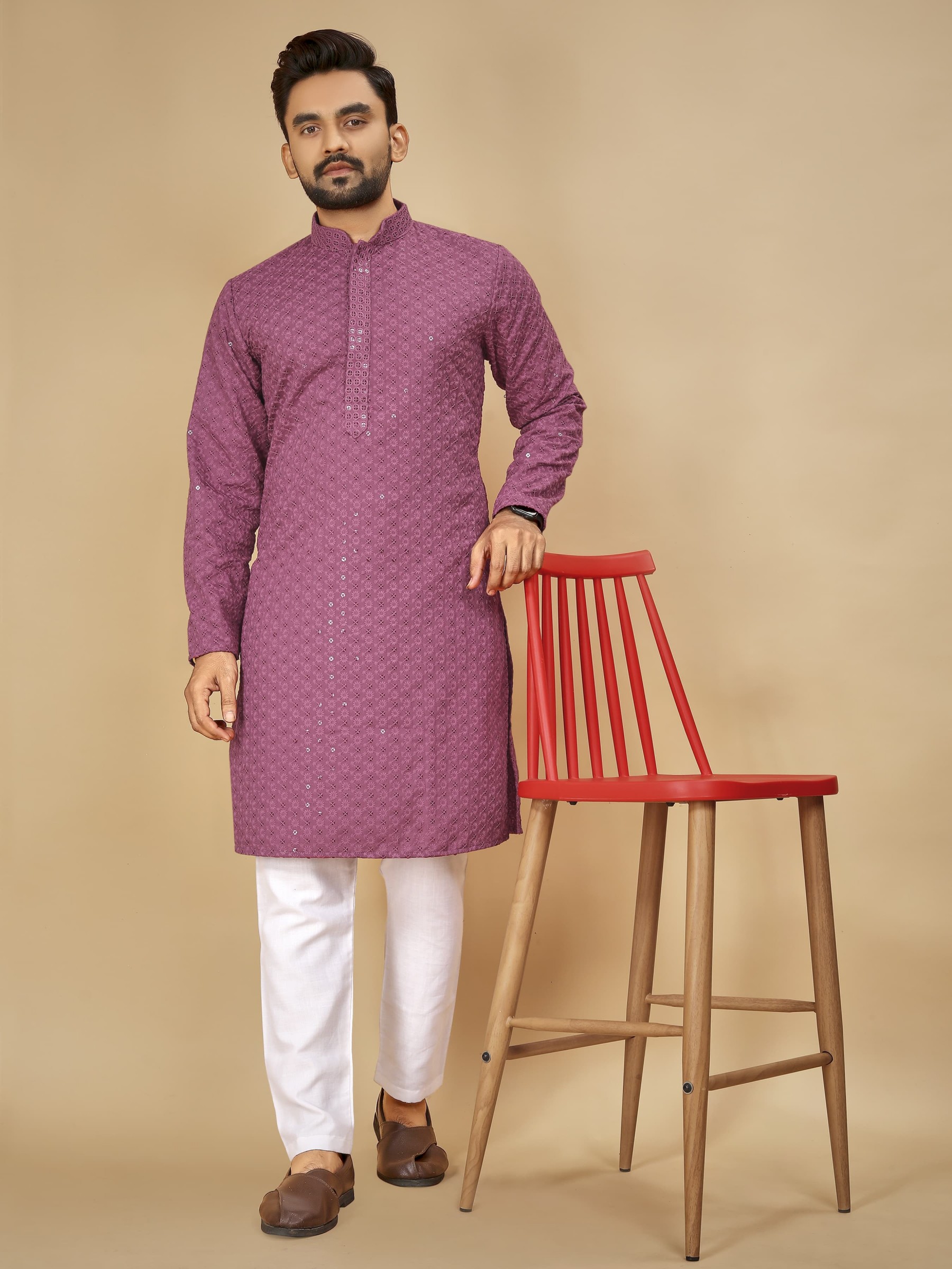 Rayon Silk Readymade Kurta set in with Light Pink Color Lucknowi with Sequence