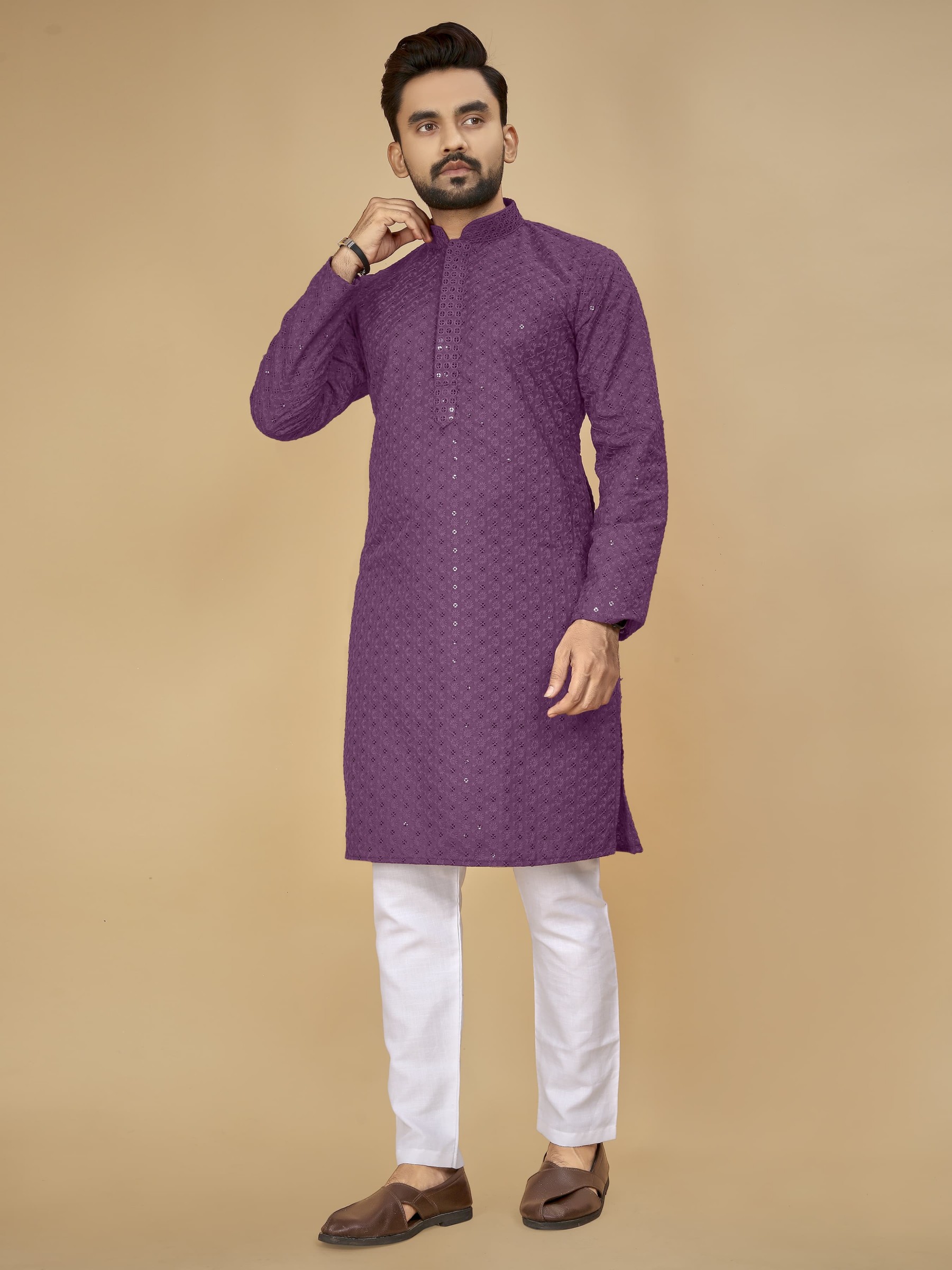 Rayon Silk Readymade Kurta set in with Purple Color Lucknowi with Sequence