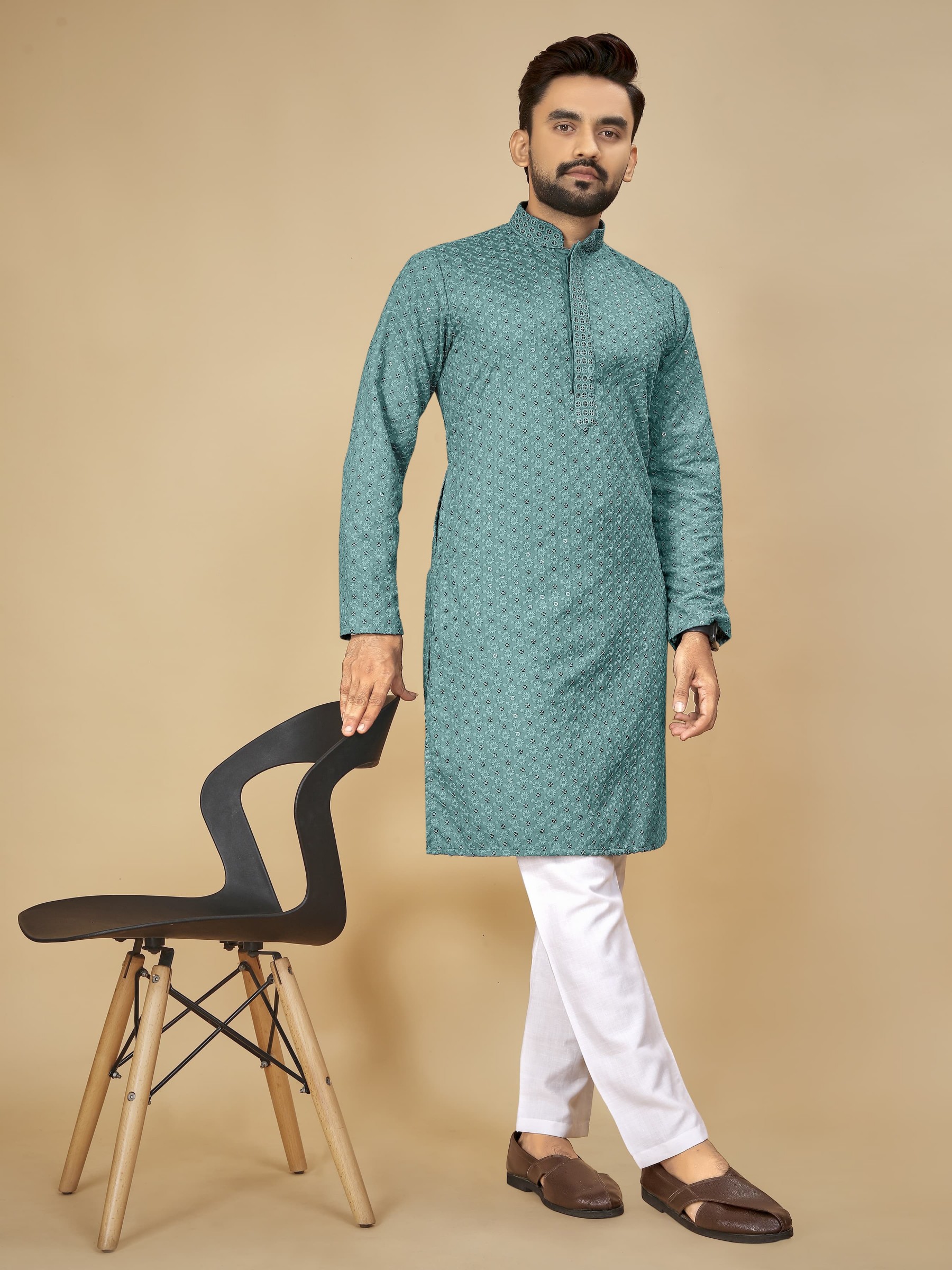Rayon Silk Readymade Kurta set in with Turquoise Color Lucknowi with Sequence